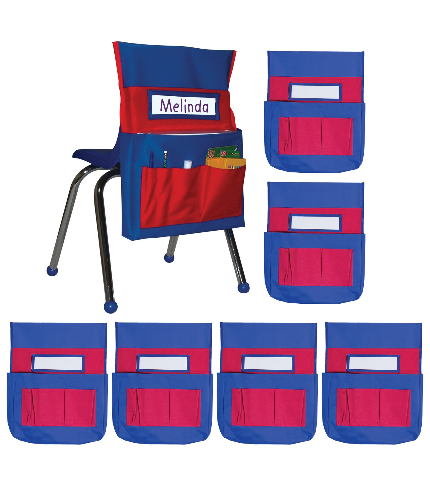 Carson Dellosa 6-Pack Blue and Red Chairback Buddy Pocket Chart Set, 15&#x22; x 19&#x22; Back of Chair School Supplies Pocket Organizer With Name Tag and 6 Chair Pockets for Classrooms, Classroom Organization