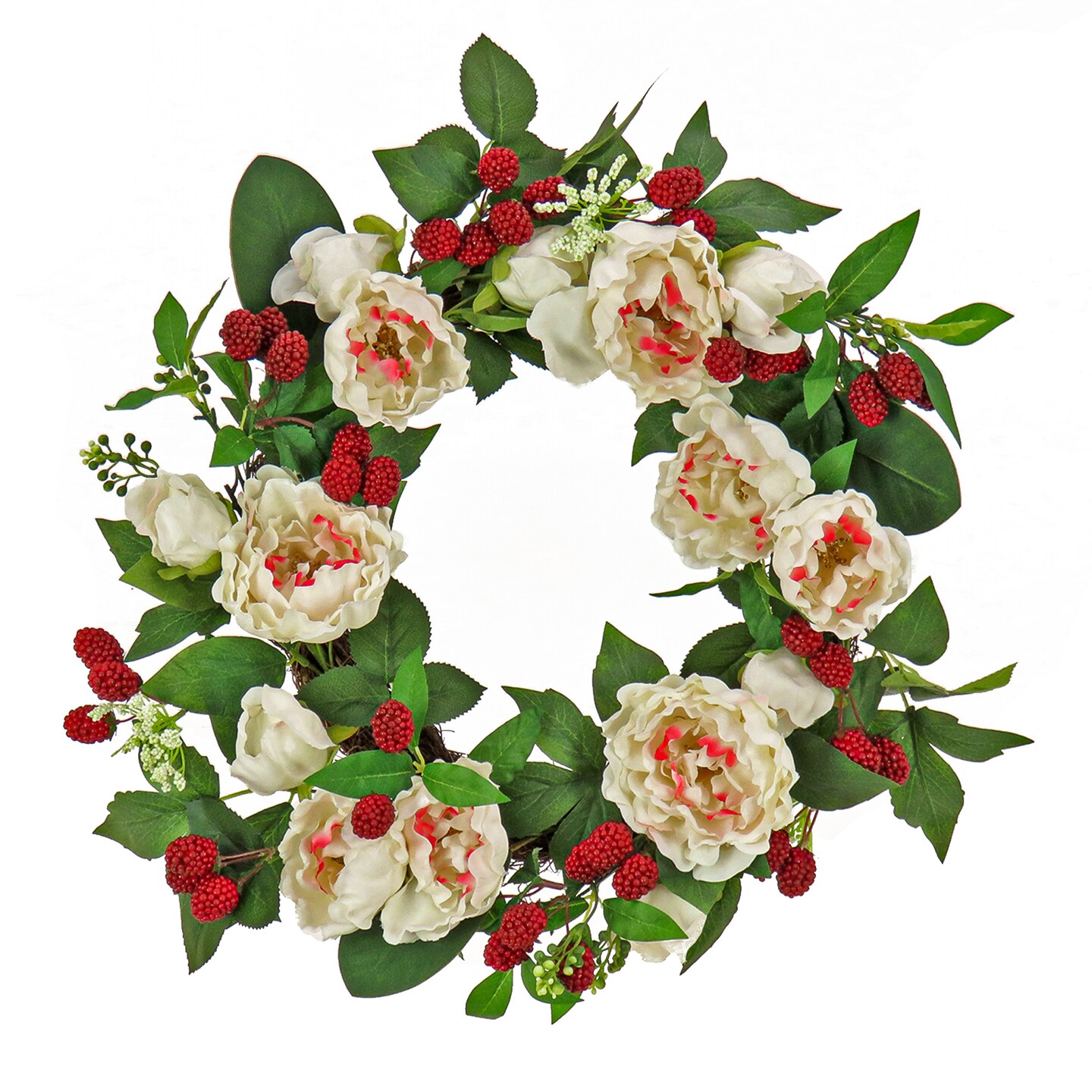 National Tree Company Artificial Spring Wreath, Woven Branch Base, Decorated with Peony Flowers, Raspberries, Leafy Greens, Spring Collection, 22 Inches