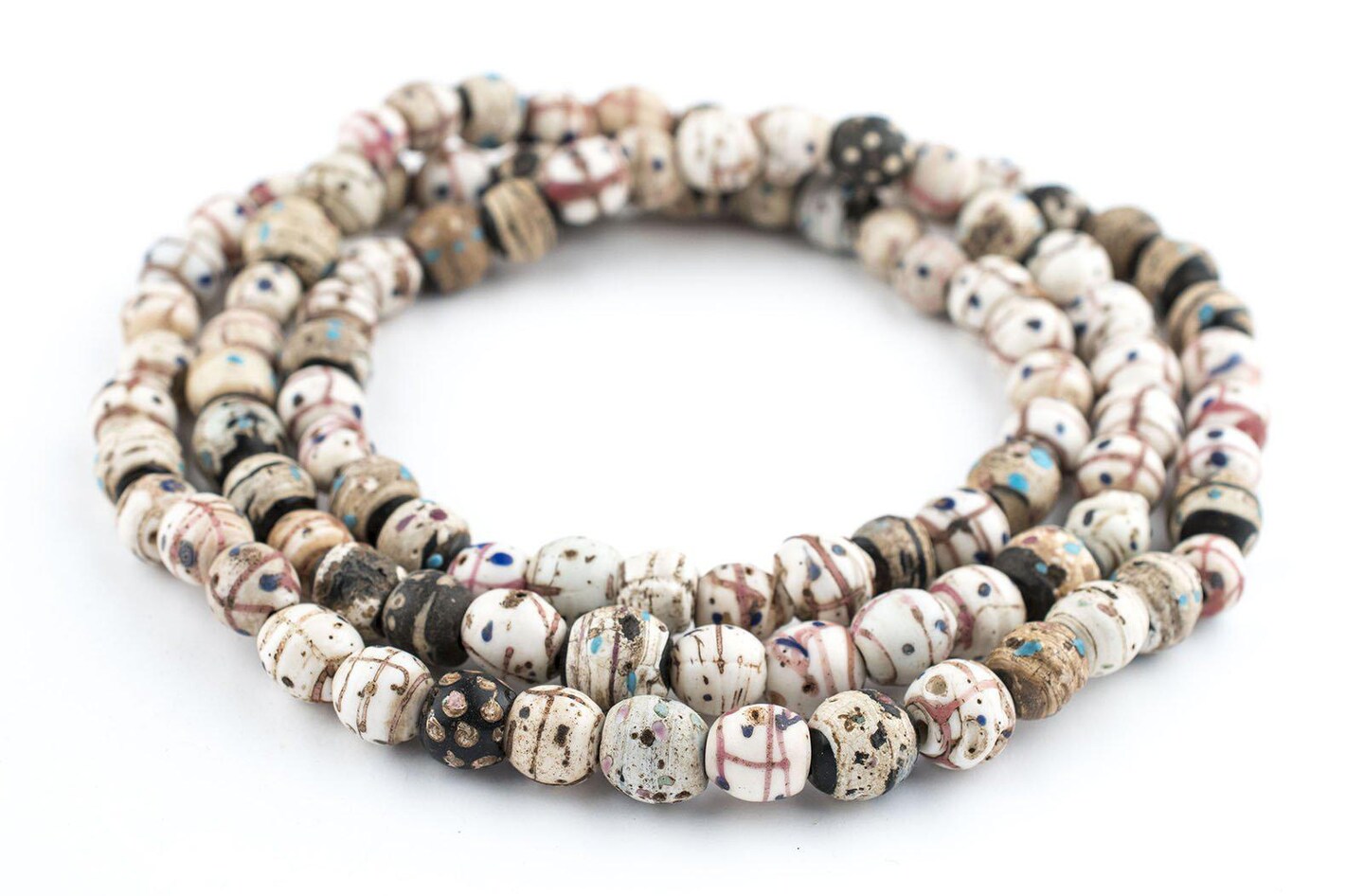 The Bead Chest Antique Venetian Medicine Man Trade Beads Double Strand 11mm Ethiopia African Multicolor Round Glass Large Hole 40 Inch Strand
