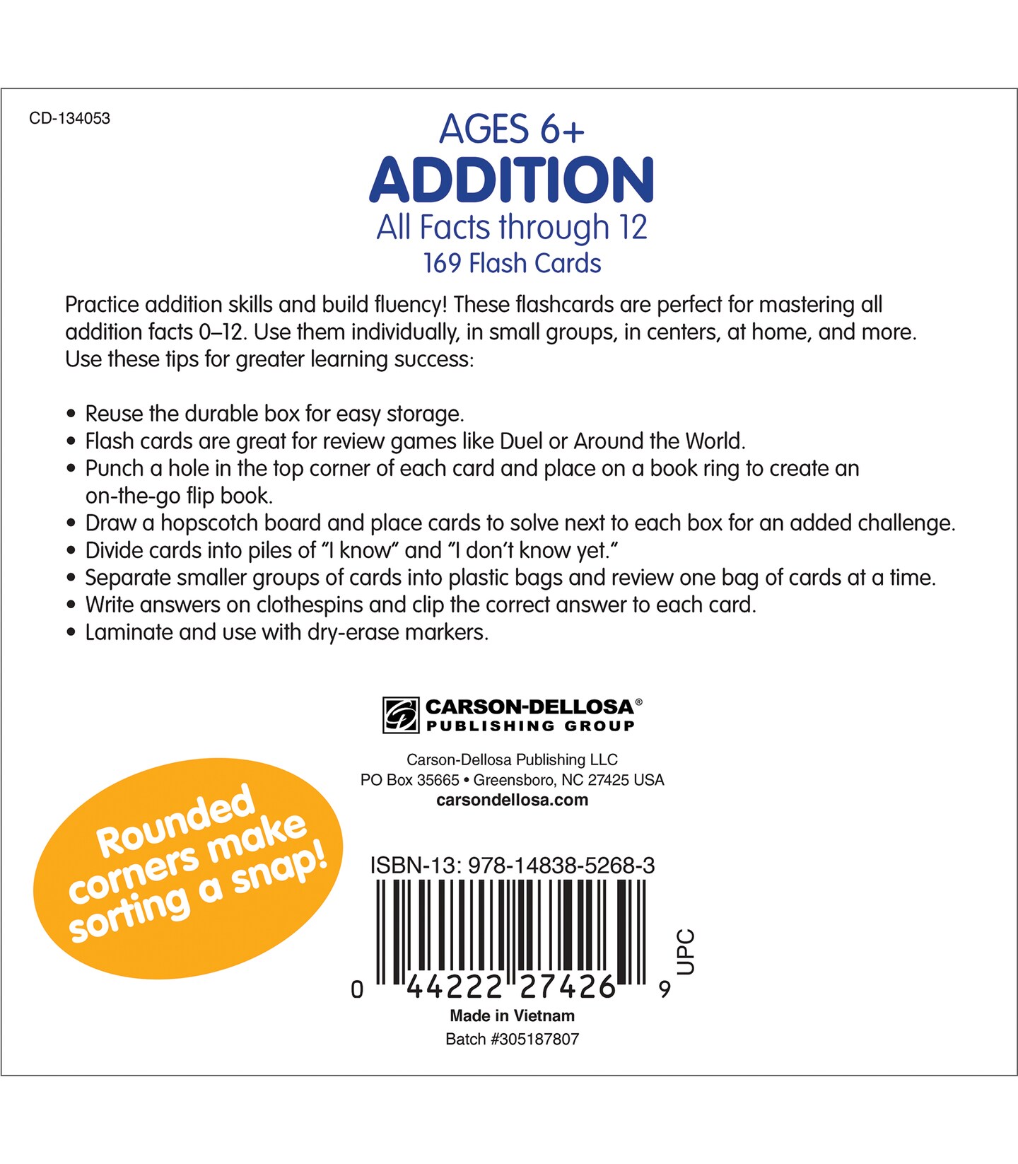 Carson Dellosa 169 Addition Flash Cards, All Facts for Adding Through 12, Flashcards for Ages 6 and Up, Kindergarten Learning Activities and Math Games for Kids 5-7