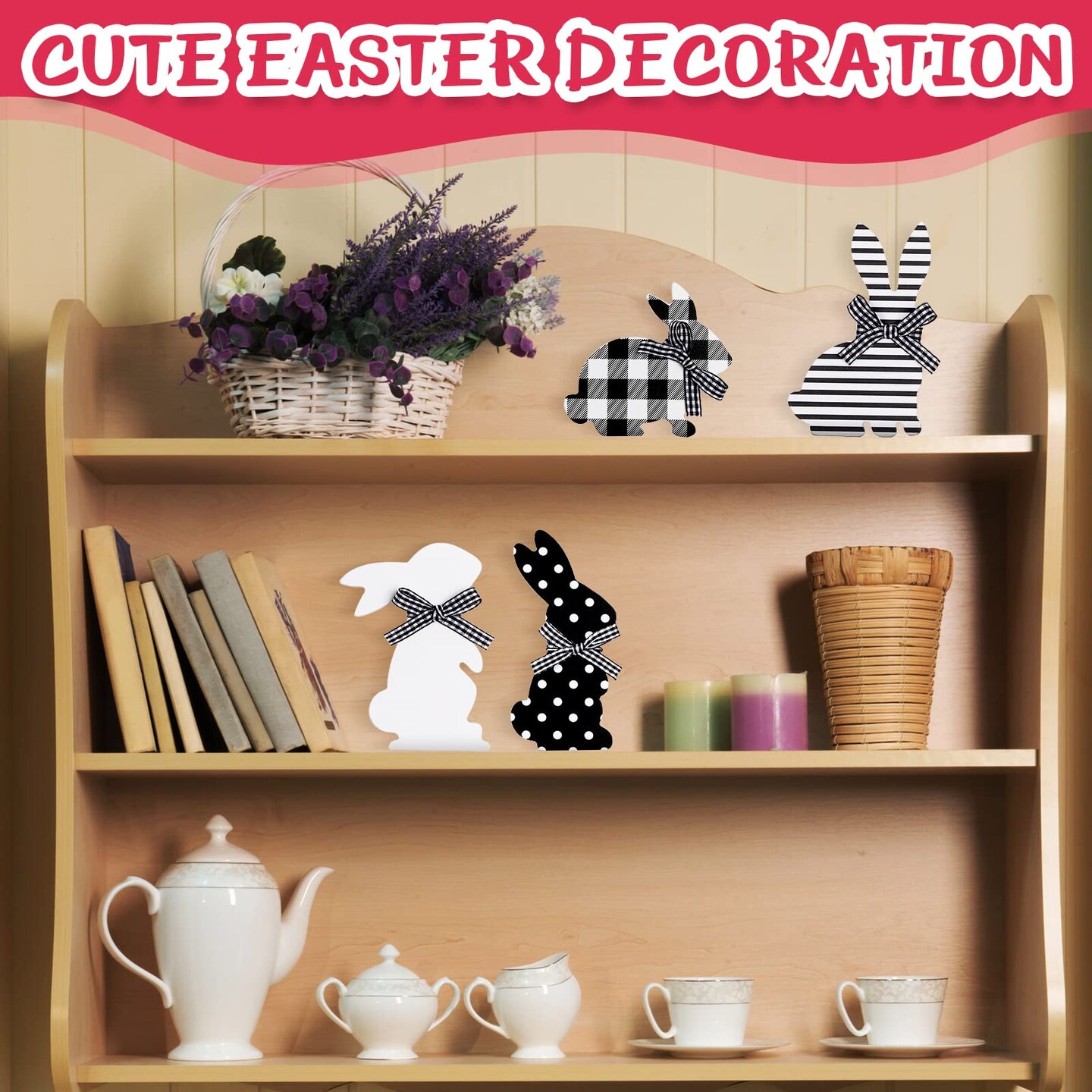 4 Pcs Easter Bunny Table Wooden Signs Bunny Shaped Farmhouse Decor Spring Bunny Wood Tabletop Easter Decorations Easter Bunny Dining Room Table Decor Sign Bunny Decor with Rope (Striped)