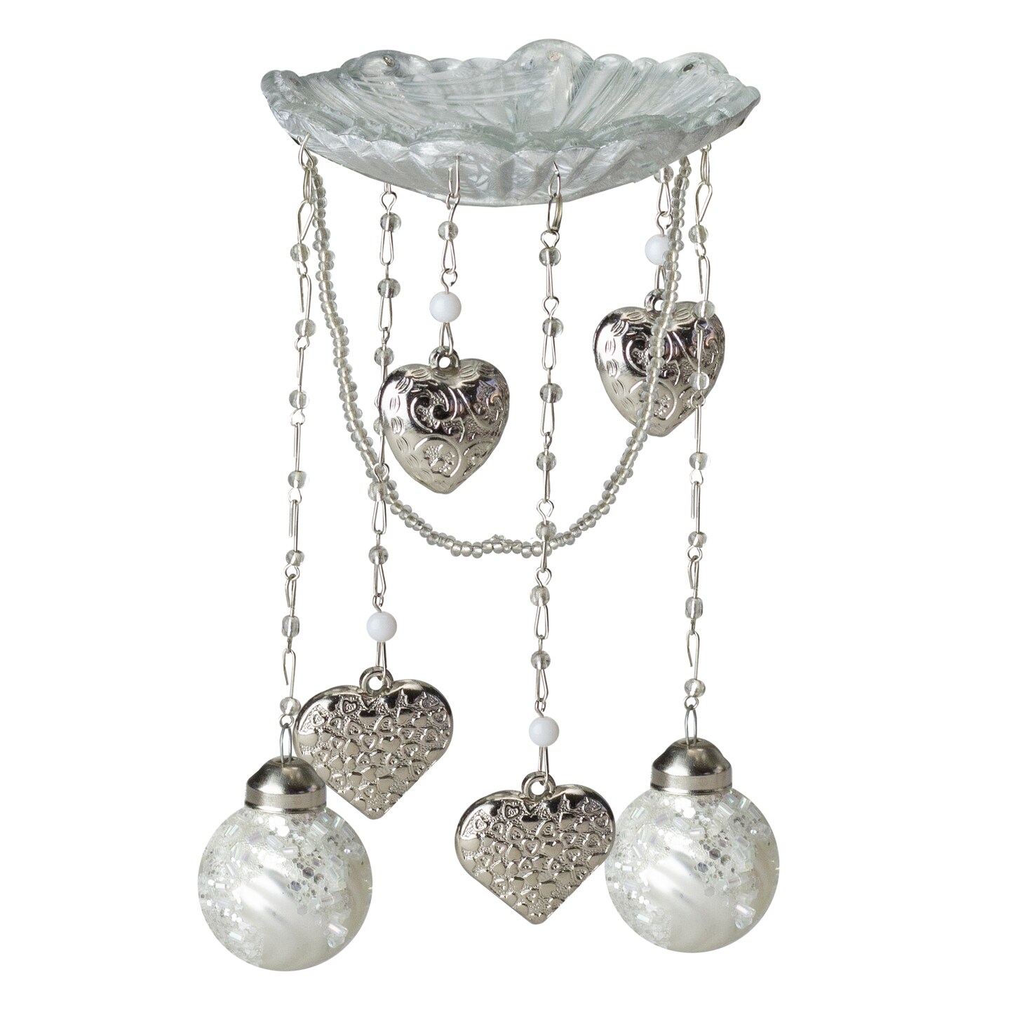 CC Christmas Decor 6.5" Frosted White and Silver Glass Bobeche Candle Ring w/ Hanging Heart Charms