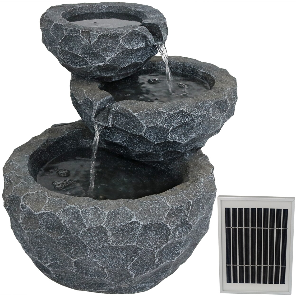 Sunnydaze 3-Tier Chiseled Basin Solar Water Fountain With Battery - 17 In