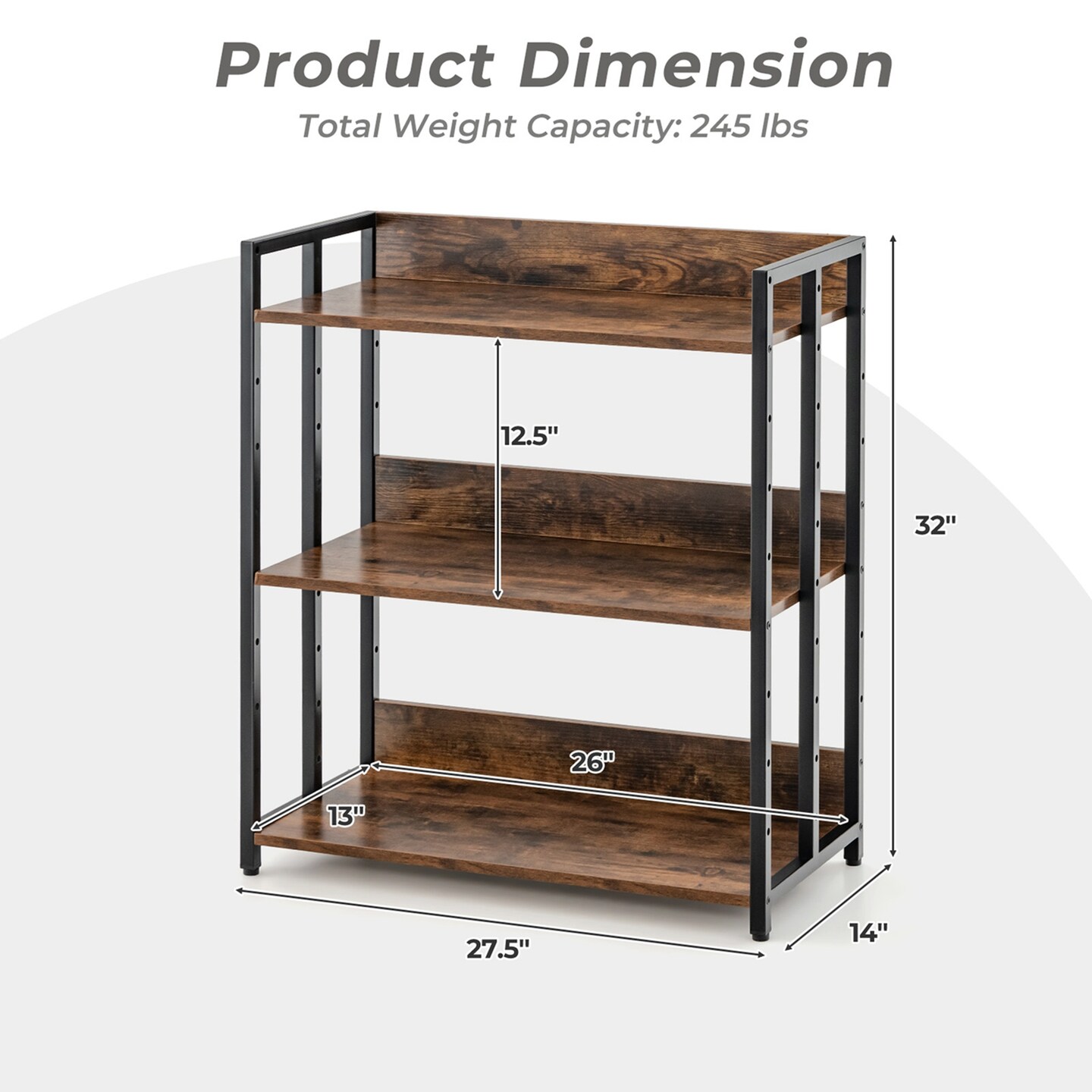 Costway 3-Tier Industrial Metal Frame Corner Bookcase with Adjustable Shelves Rustic Brown