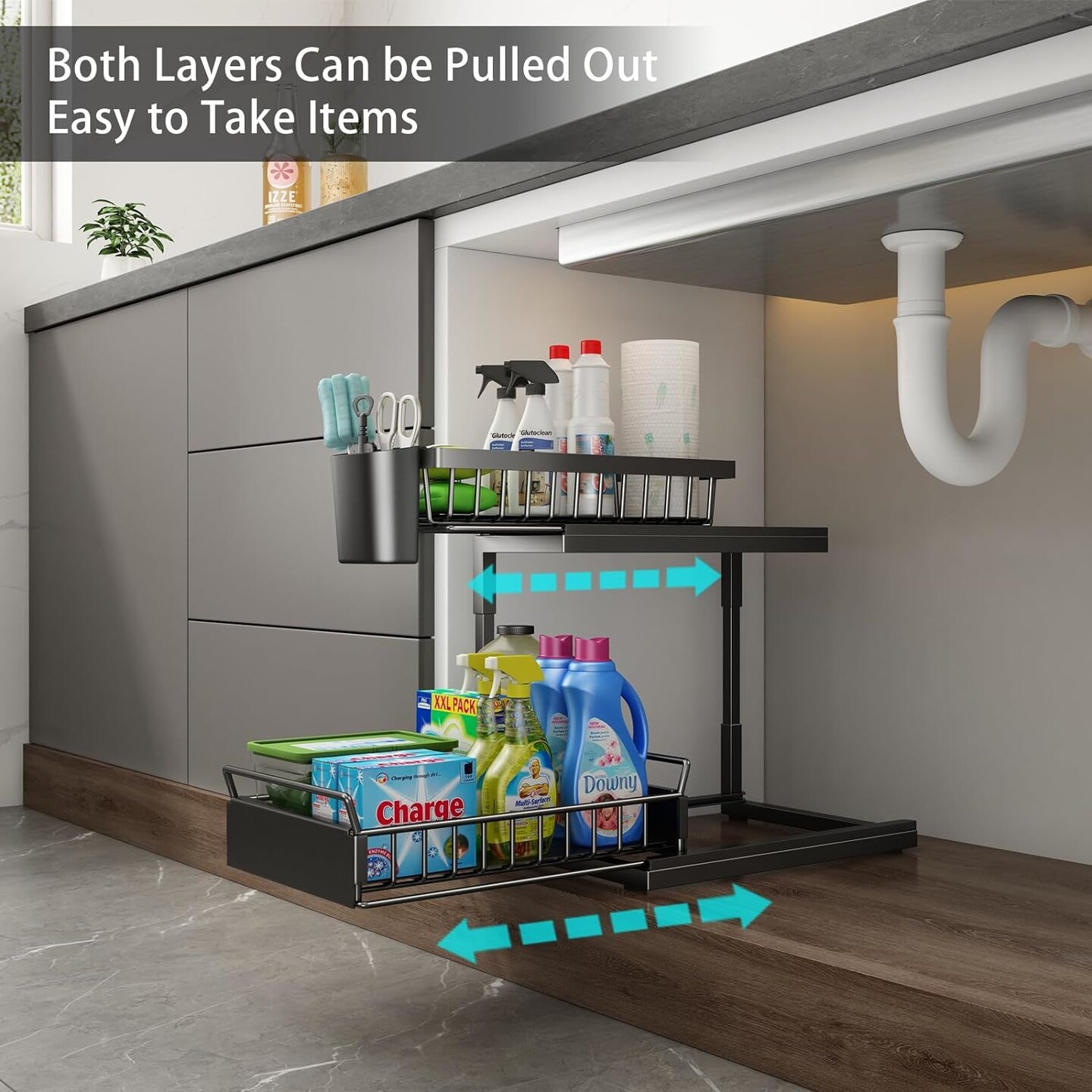 Double Sliding Metal Under Sink Organizer L Shape