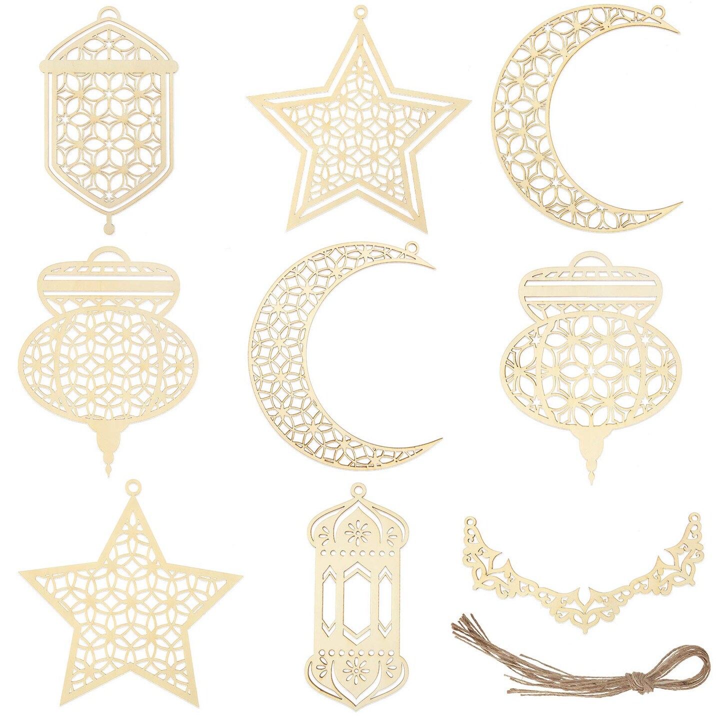 9 Pieces Wooden Pendant Ornament Ramadan Kareem Hollow Decoration Moon Star Wind Light Shape Pendant Ornament Happy Eid Hanging Sign for Ramadan Mubarak Eid Party Decorations