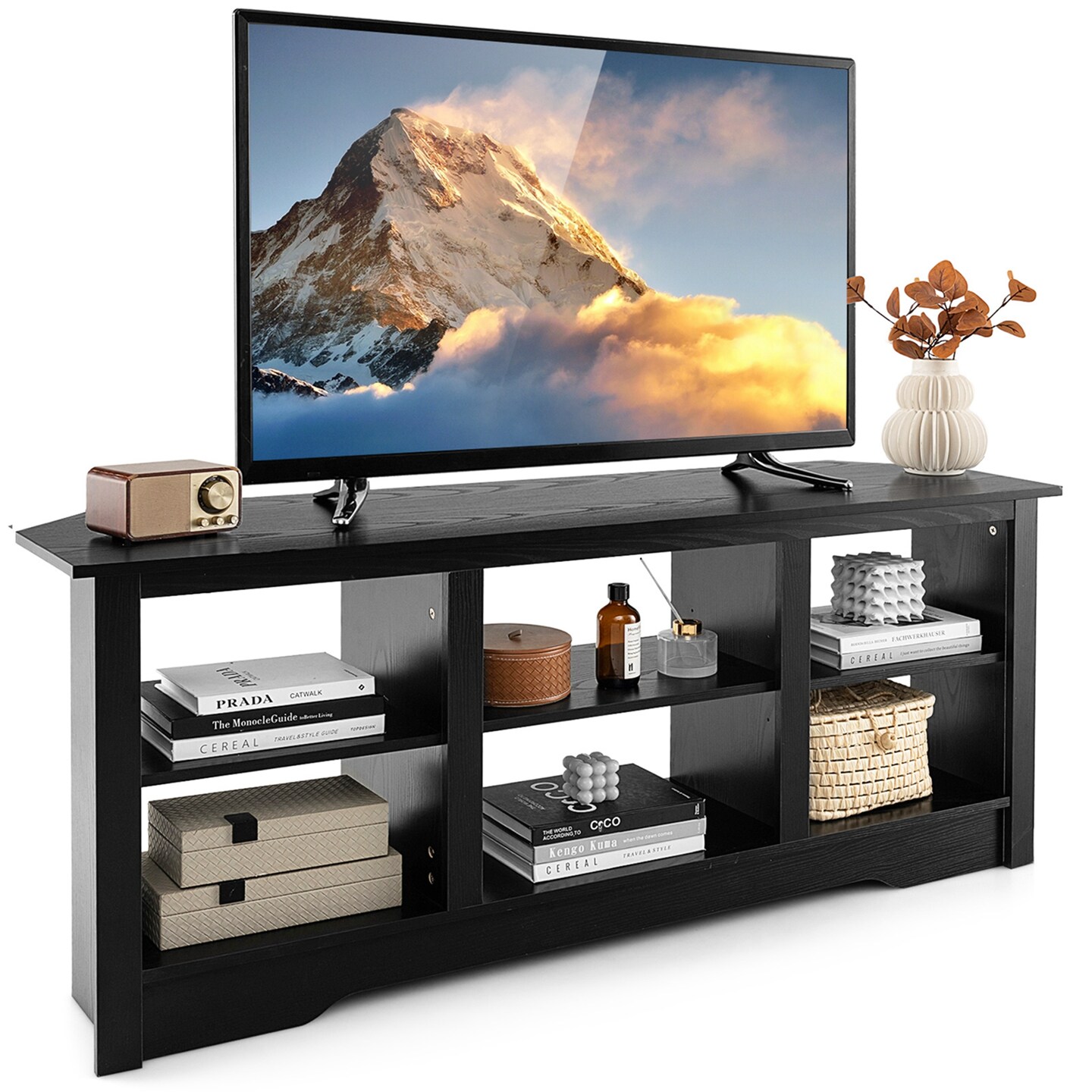 Costway 58&#x22; TV Stand with 6 Open Storage Shelves Shelf for 18 inch Fireplace(not included) Black/Grey