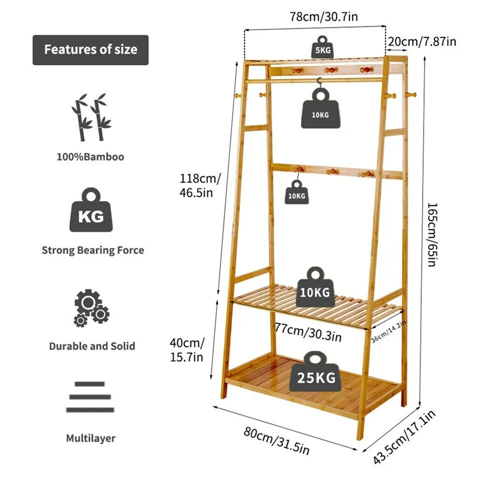 Bamboo Clothes Hanging Garment Rack Heavy Duty Laundry Rack Closet Storage Shelf