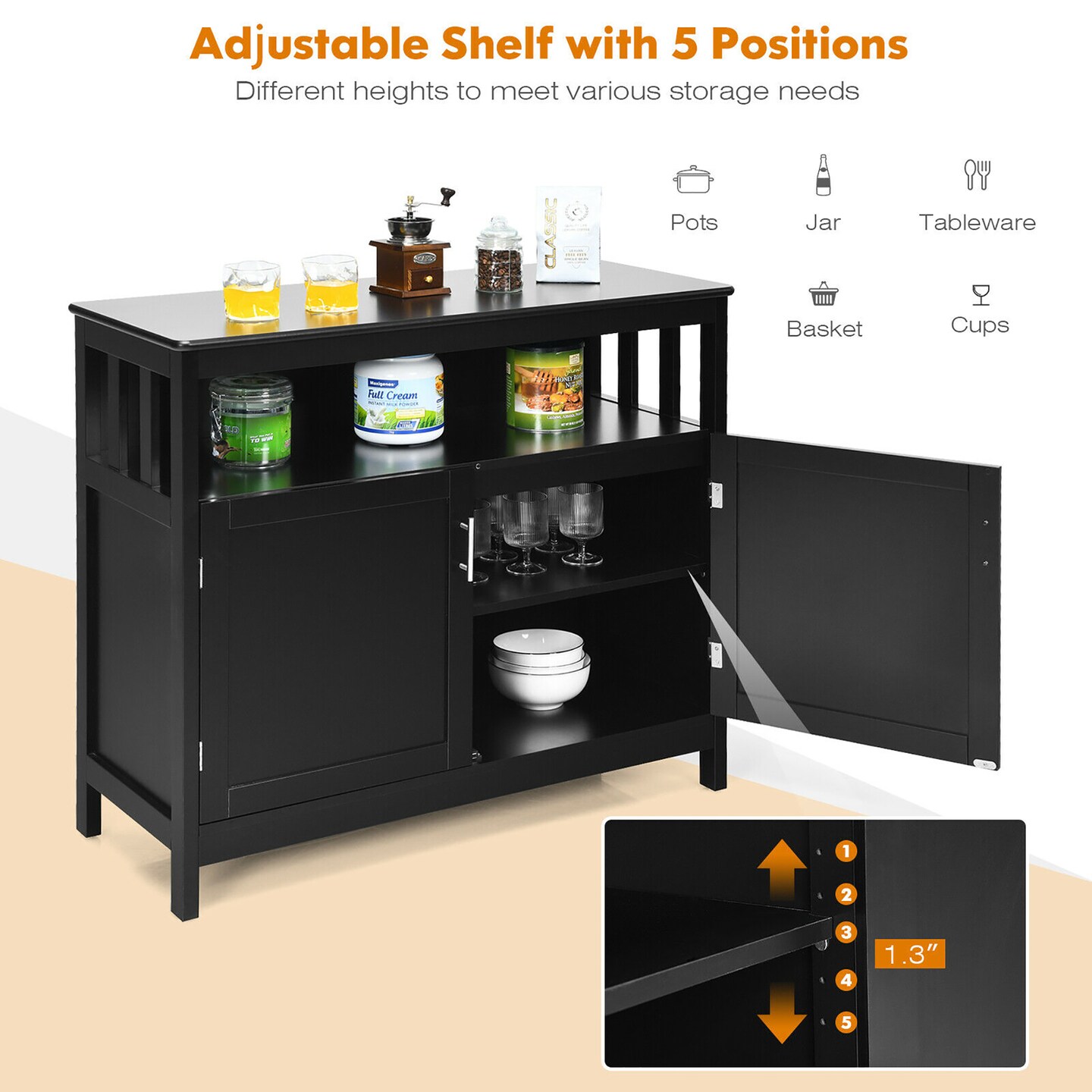 Costway Kitchen Buffet Server Sideboard Storage Cabinet with 2 Doors & Shelf White/Black/Gray