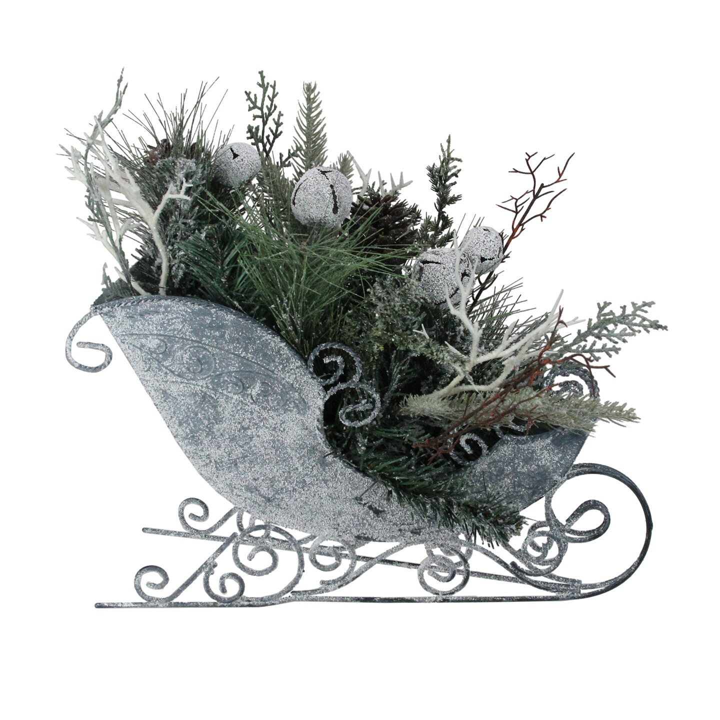 Northlight Frosted Christmas Pinecone, Bell and Foliage Filled Sleigh - 9.5&#x22;