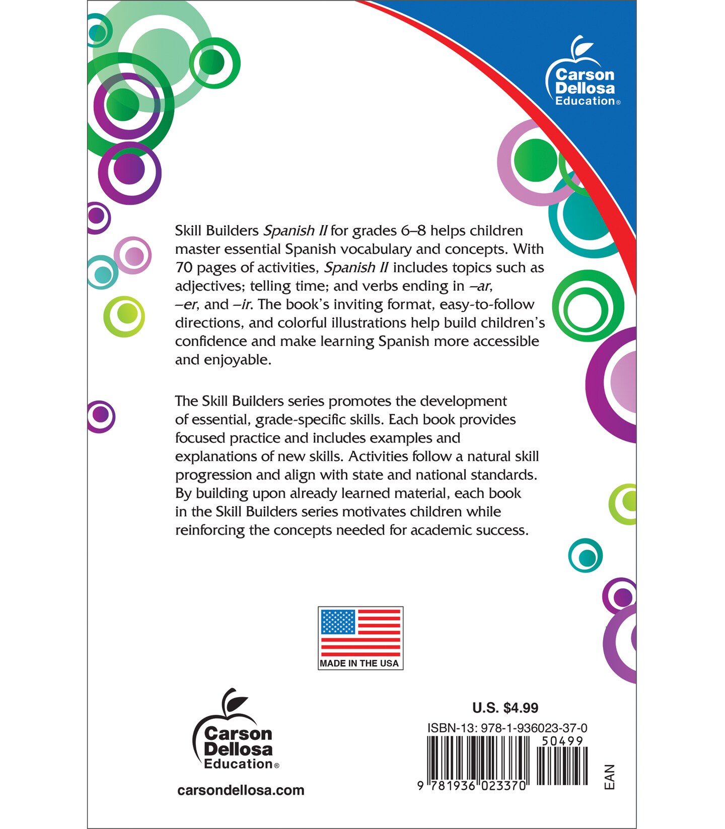 Carson Dellosa Skill Builders Level 2 Spanish Workbook for Kids Grades 6-8, Spanish Vocabulary Builder for Kids Ages 11-14, 6th&#x2013; 8th Grade Spanish Workbook, Learn Spanish Parts of Speech, Time &#x26; More