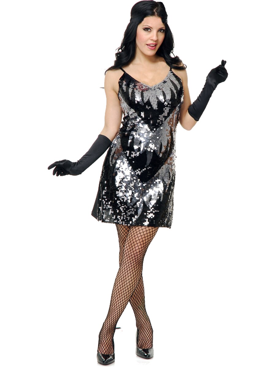 Adults Womens 20s Black Silver Flapper Girl Sequin Dress Costume
