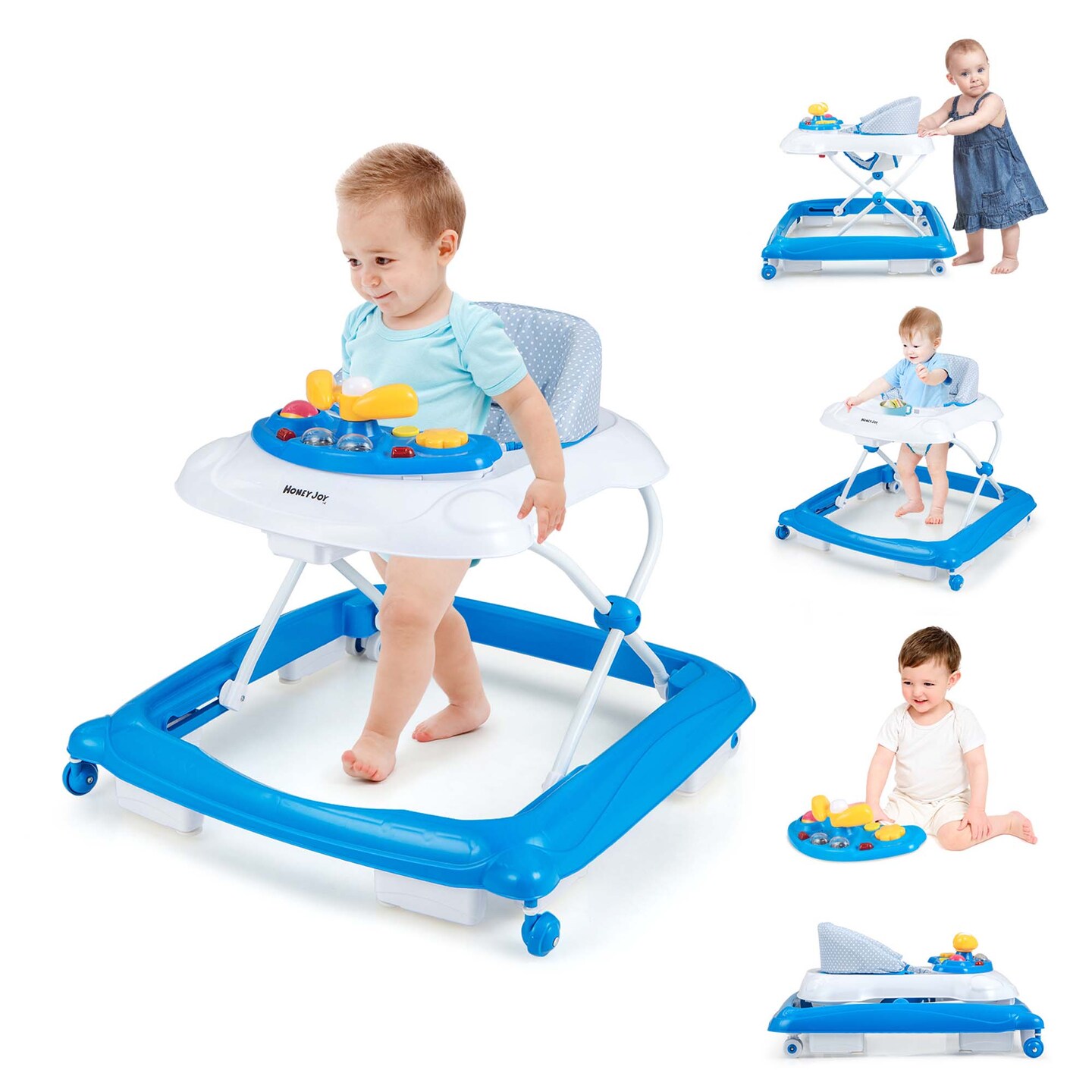 Honeyjoy Foldable Baby Walker with 3 Adjustable Heights Comfy Padded Seat Music Tray Blue/Green/Grey/Pink