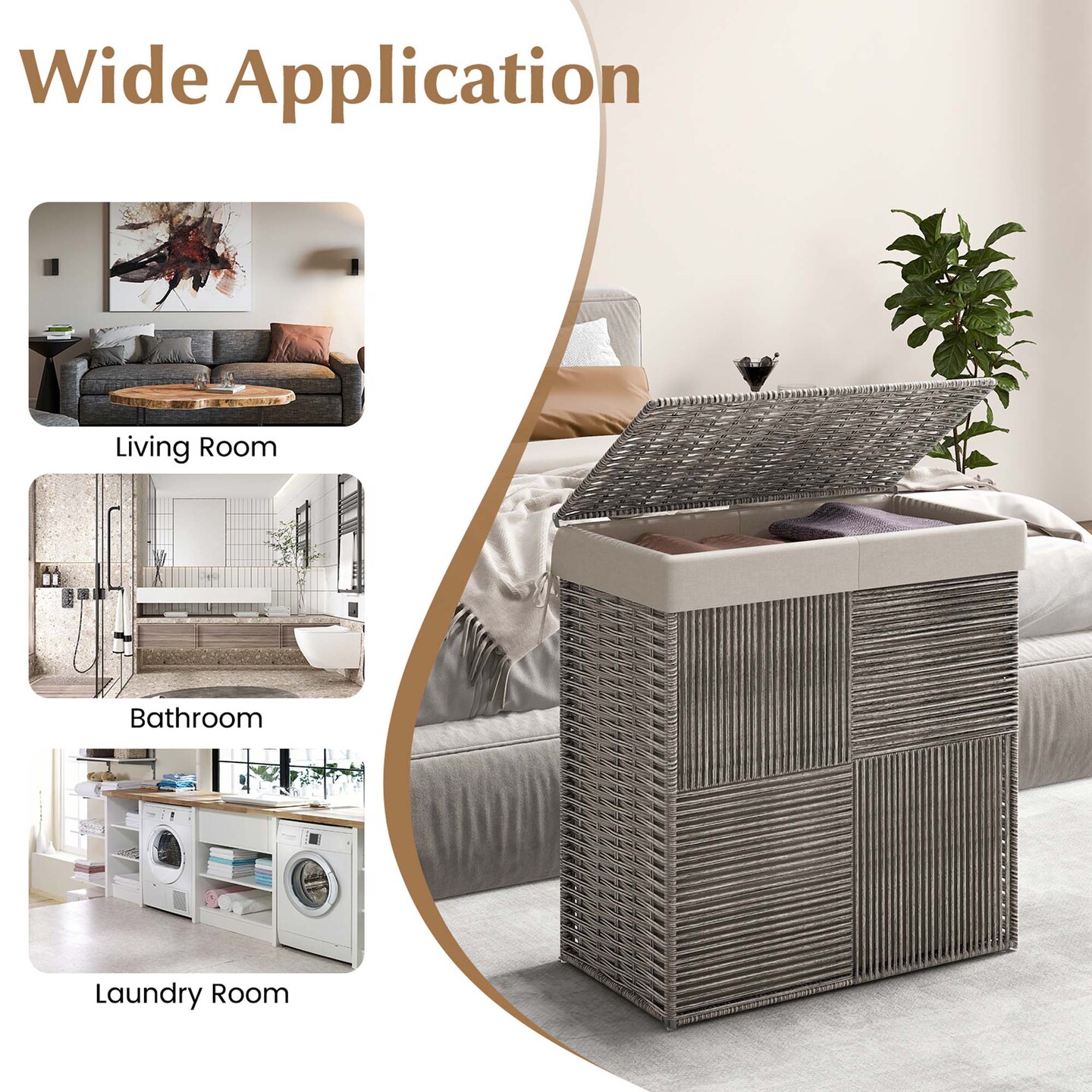 Costway Hand-woven Rattan Laundry Hamper with Lid Removable Liner Bag 29-Gallon 2-Section
