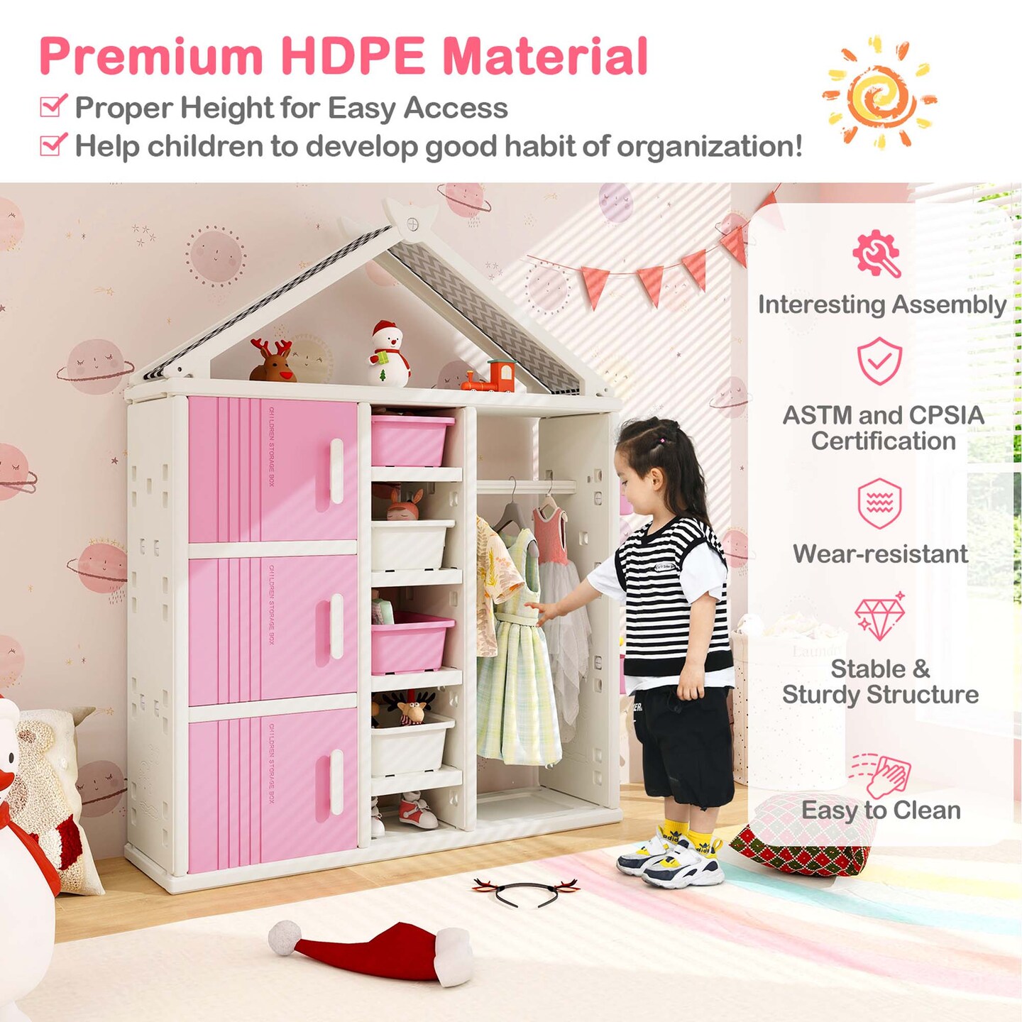 Costway Kids Costume Storage Closet Children Pretend Dresser with Storage Bins Shelves Grey/Pink/White