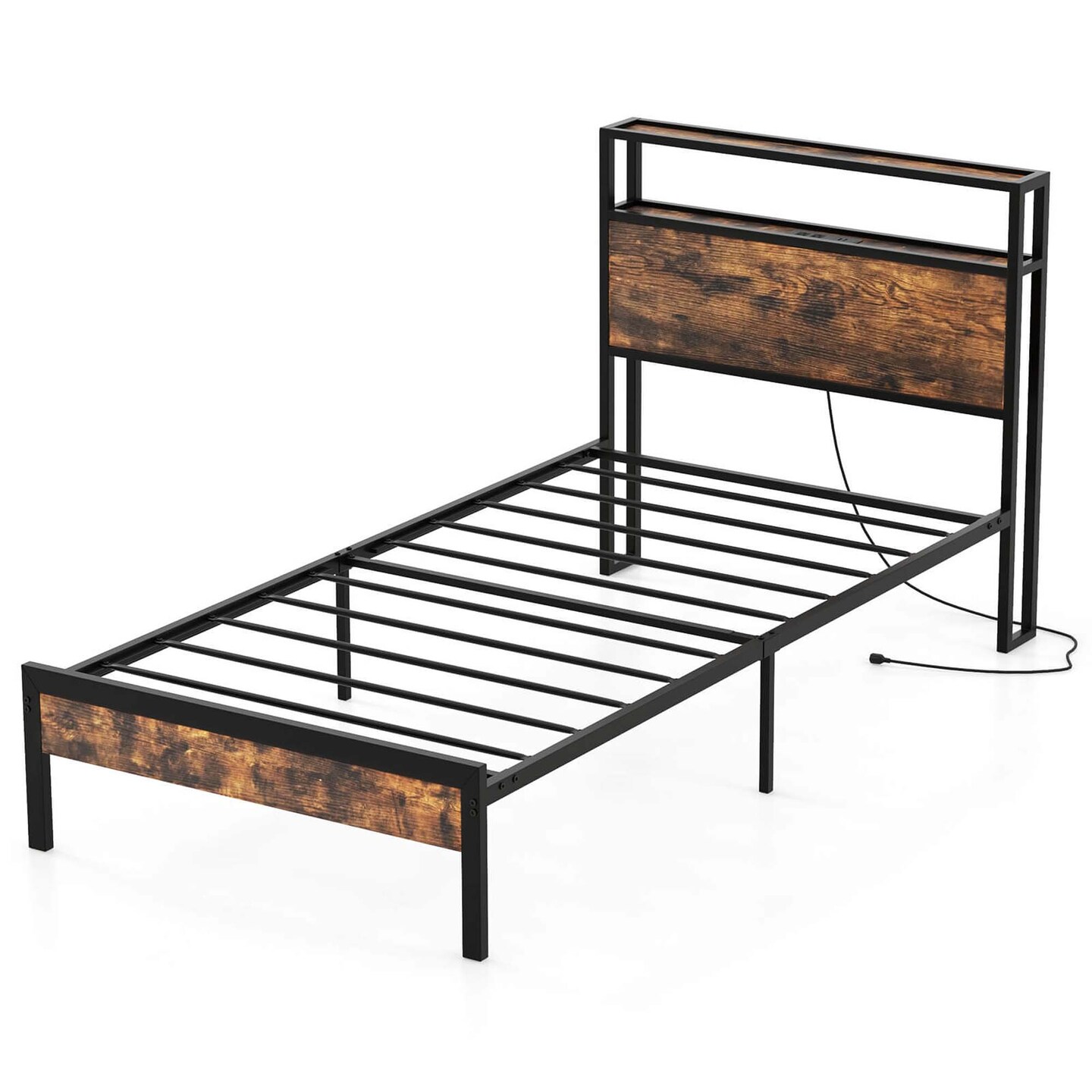 Costway Twin/Full/Queen Bed Frame with Storage Headboard Charging Station 18W USB C Port Rustic Brown