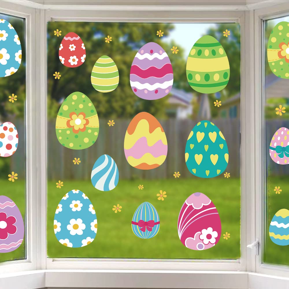 Ivenf Easter Decorations Window Clings Decals Decor, Extra Large Easter Eggs Flowers Party Supplies Gifts, Spring Window Clings Decorations for Kids School Home Office, 4 Sheets 46 pcs