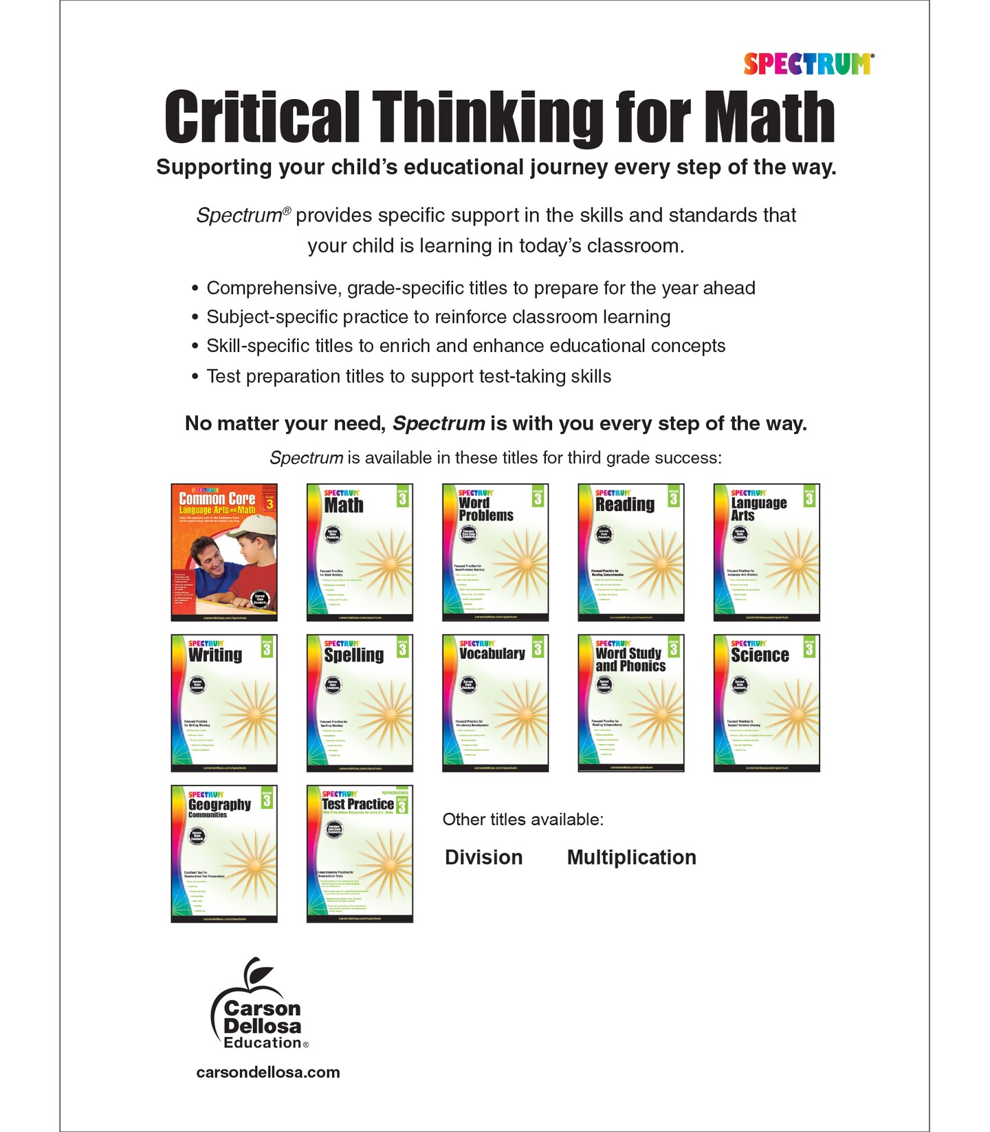 Spectrum Grade 3 Critical Thinking for Math Workbook, Addition and Subtraction With Up to 4 Digit Numbers, Multiplication, Division, Fractions, and More Mathematics, Classroom or Homeschool Curriculum