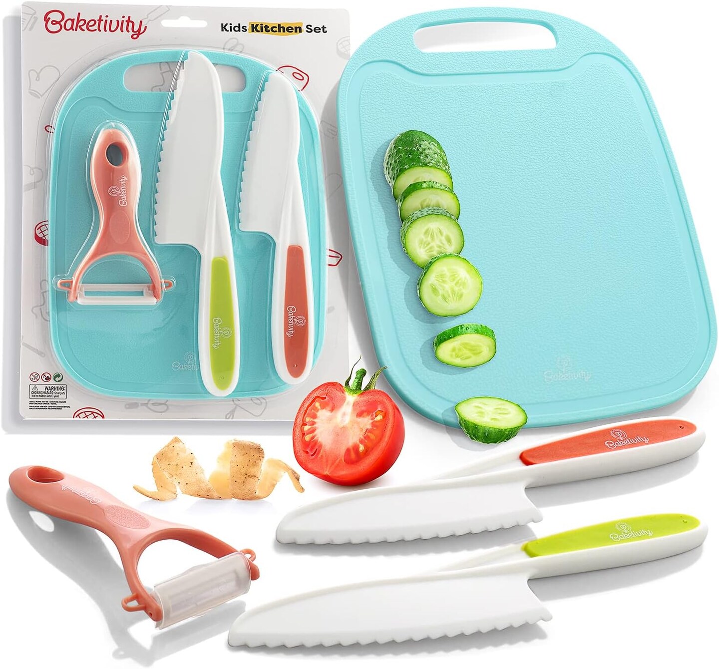 Baketivity Kid Safe Plastic Knives For Real Cooking With Cutting Board, Peeler For Kitchen - Knife Set With Blunt Tip, Dishwasher Safe, BPA Free Kids Knives For Cutting