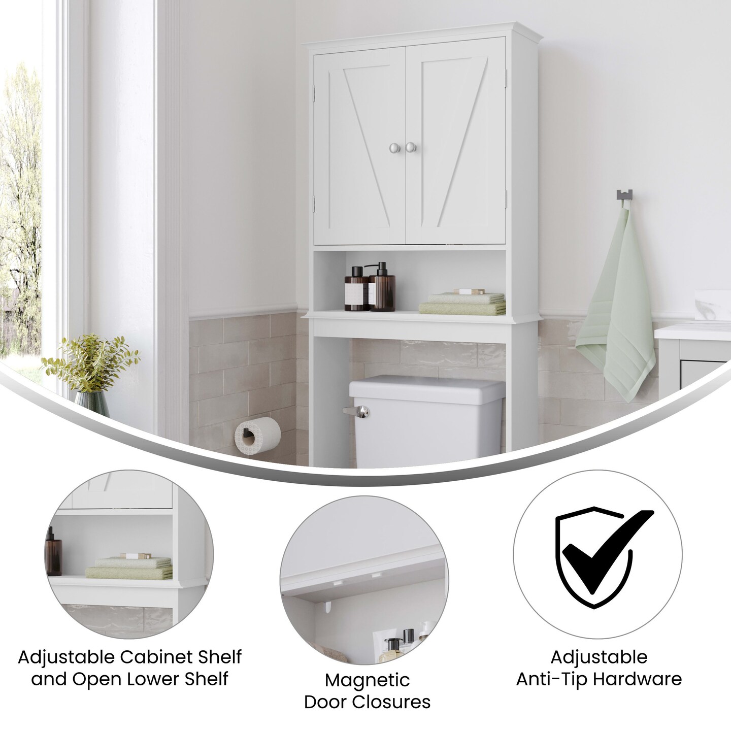 Merrick Lane Delilah Over the Toilet Bathroom Organizer with Shelves and Magnetic Closure Doors