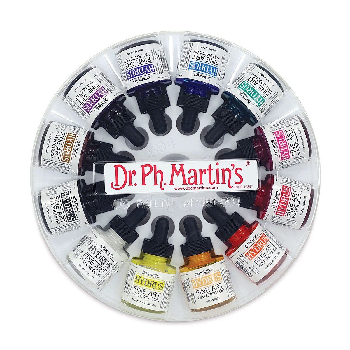 Dr. Ph. Martin&#x27;s Hydrus Fine Art Liquid Watercolors - Set 1, 12 Assorted colors, 1 oz Bottles
