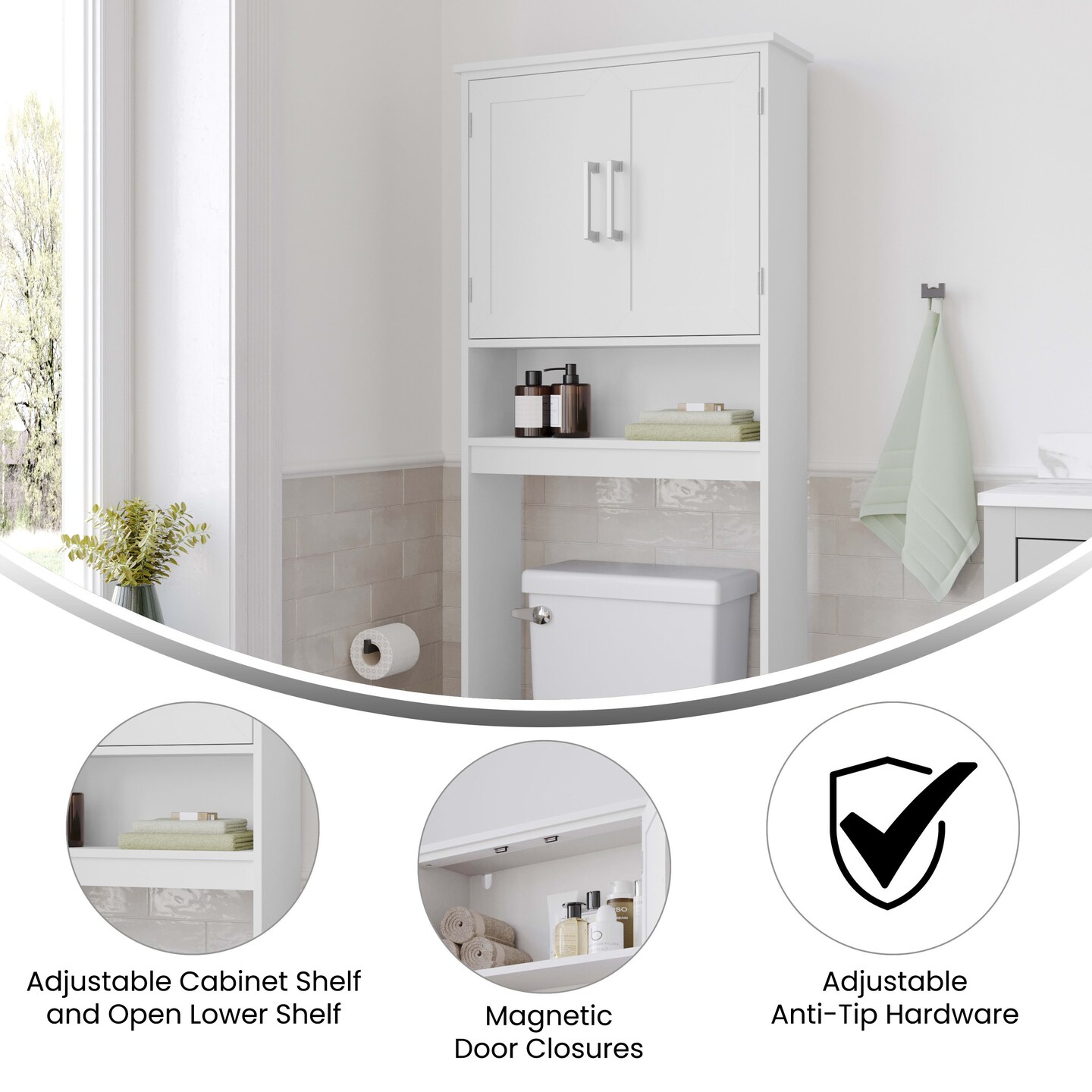 Merrick Lane Vigo Over the Toilet Bathroom Organizer with Shelves and Magnetic Closure Doors