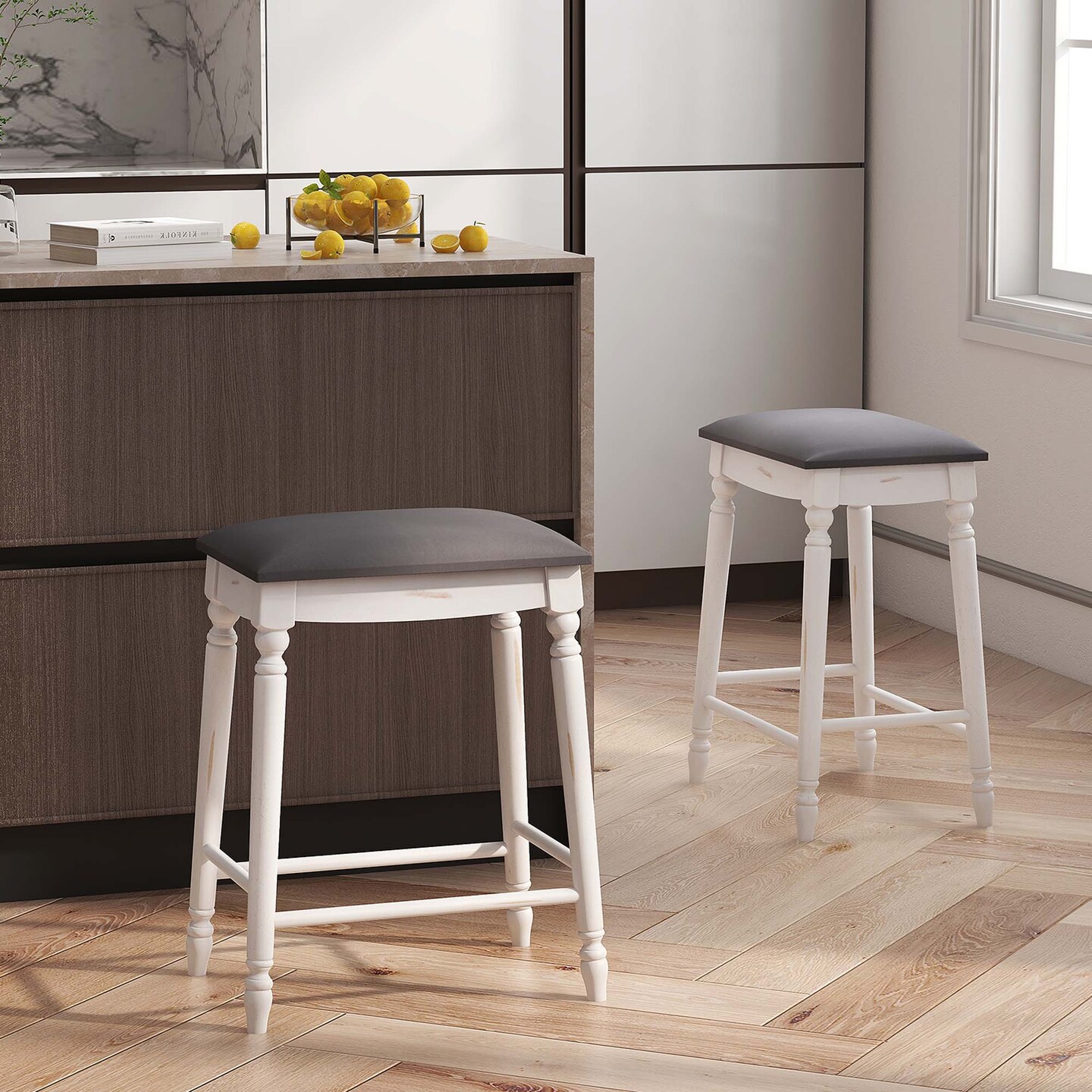 Costway 2 PCS 24&#x22;/29&#x22; Counter/Bar Height Bar Stools Backless Bar Stools with Faux Leather Cover White&#x26;Gray