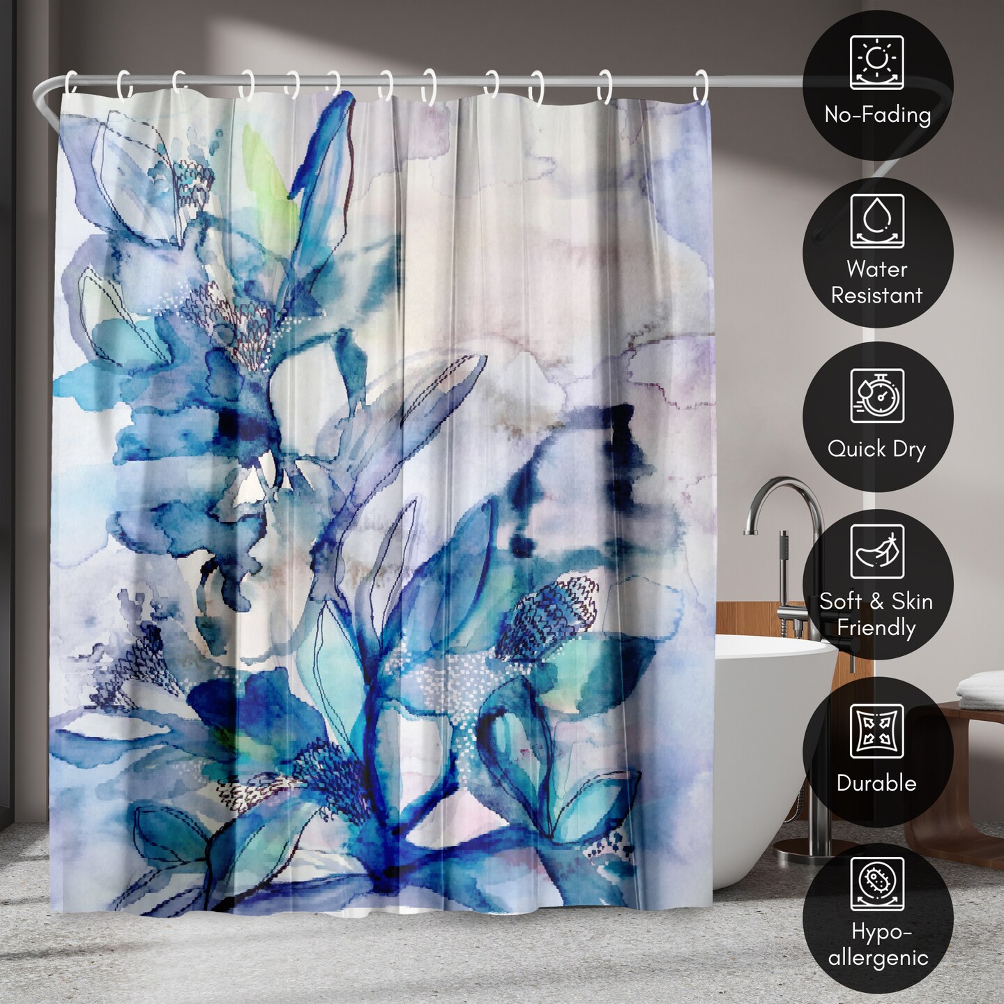 Americanflat 71&#x22; x 74&#x22; Shower Curtain, Aqua Floral by Hope Bainbridge