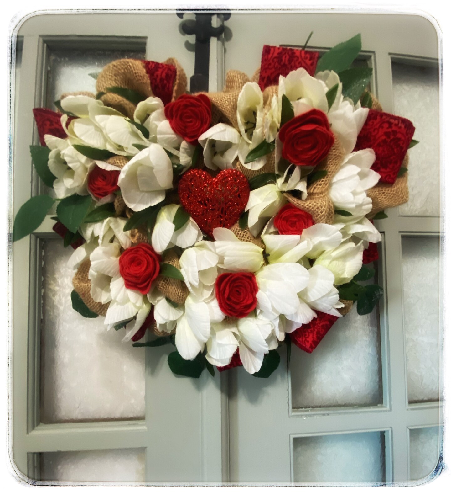 Beautiful Indoor or Outdoor 20 Inch Burlap Valentines Day Heart Wreath with White Tulips and Red Roses Free Shipping and Storage Bag