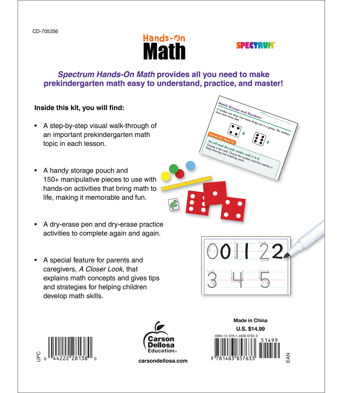 Spectrum PreK Hands-on Math Workbook, Preschool Activity Book for Toddlers Ages 4 to 5 With Mathematics Manipulatives and Dry Erase Numbers, Counting, Shapes and More Preschool Learning Activities