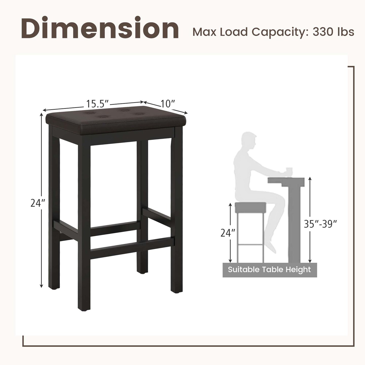 Costway Set of 2 Rubber Wood Bar Stools 24&#x22; Counter Height Stool with Padded Seat, Footrest Brown &#x26; Black/Gray &#x26; White