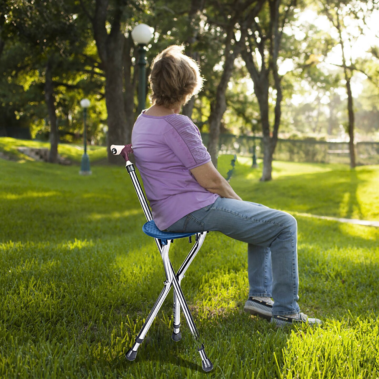 Goplus Adjustable Folding Cane Seat Aluminum Alloy Crutch Chair with Light Blue/Coffee/Black