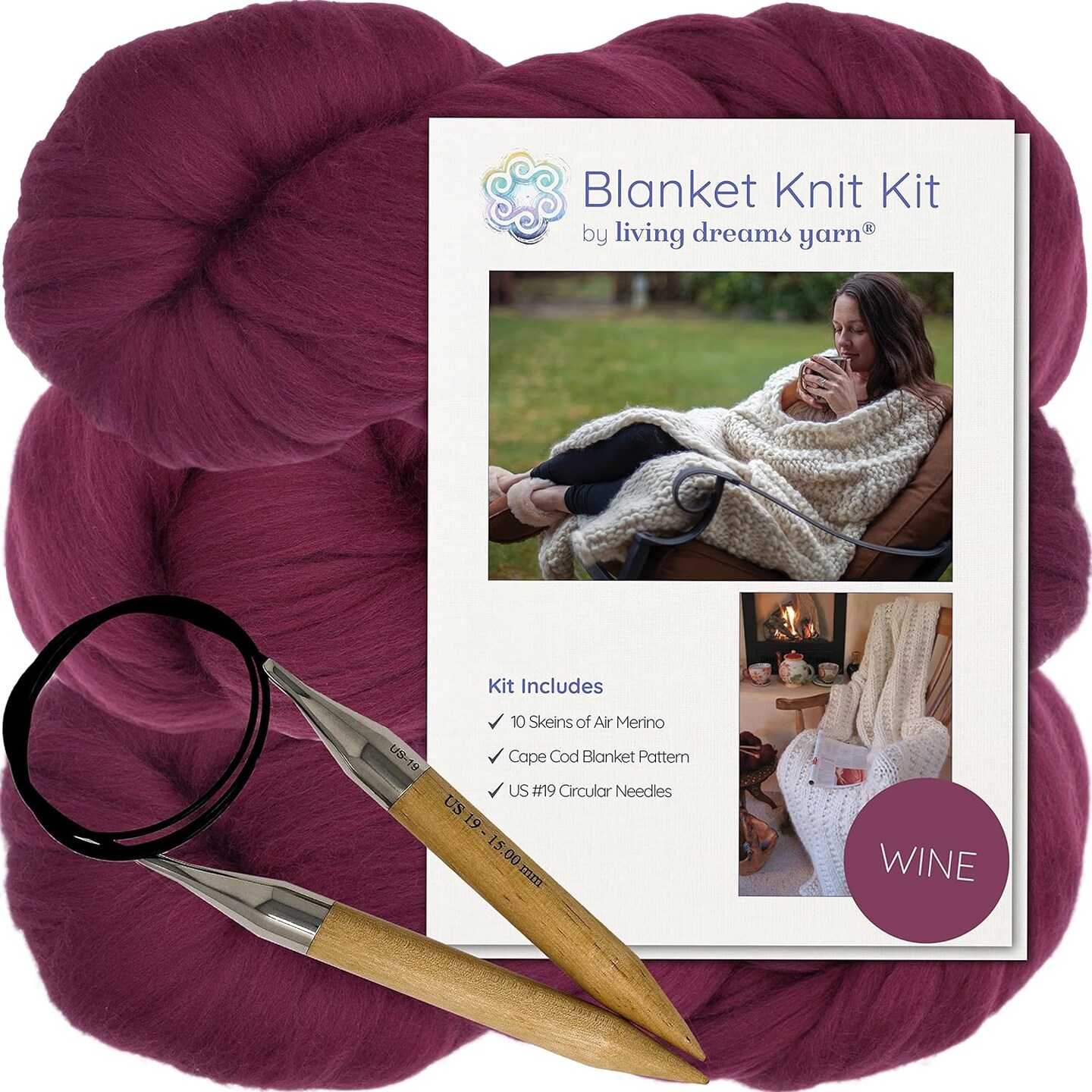 DIY Merino Wool Blanket Knitting Kit: Soft and Thick #7 Weight Jumbo Yarn, Knitting Needles and Pattern. Soft, Cozy, Great for Gifts