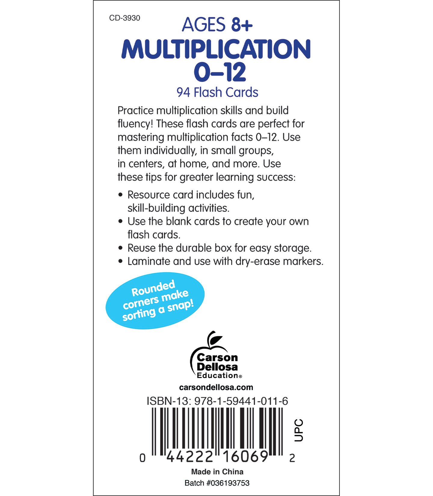Carson Dellosa 94 Multiplication Flash Cards, Flashcards Covering All Times Table Facts Through 12, Math Games for Kids 8-12, 3rd Grade Mathematics and Up