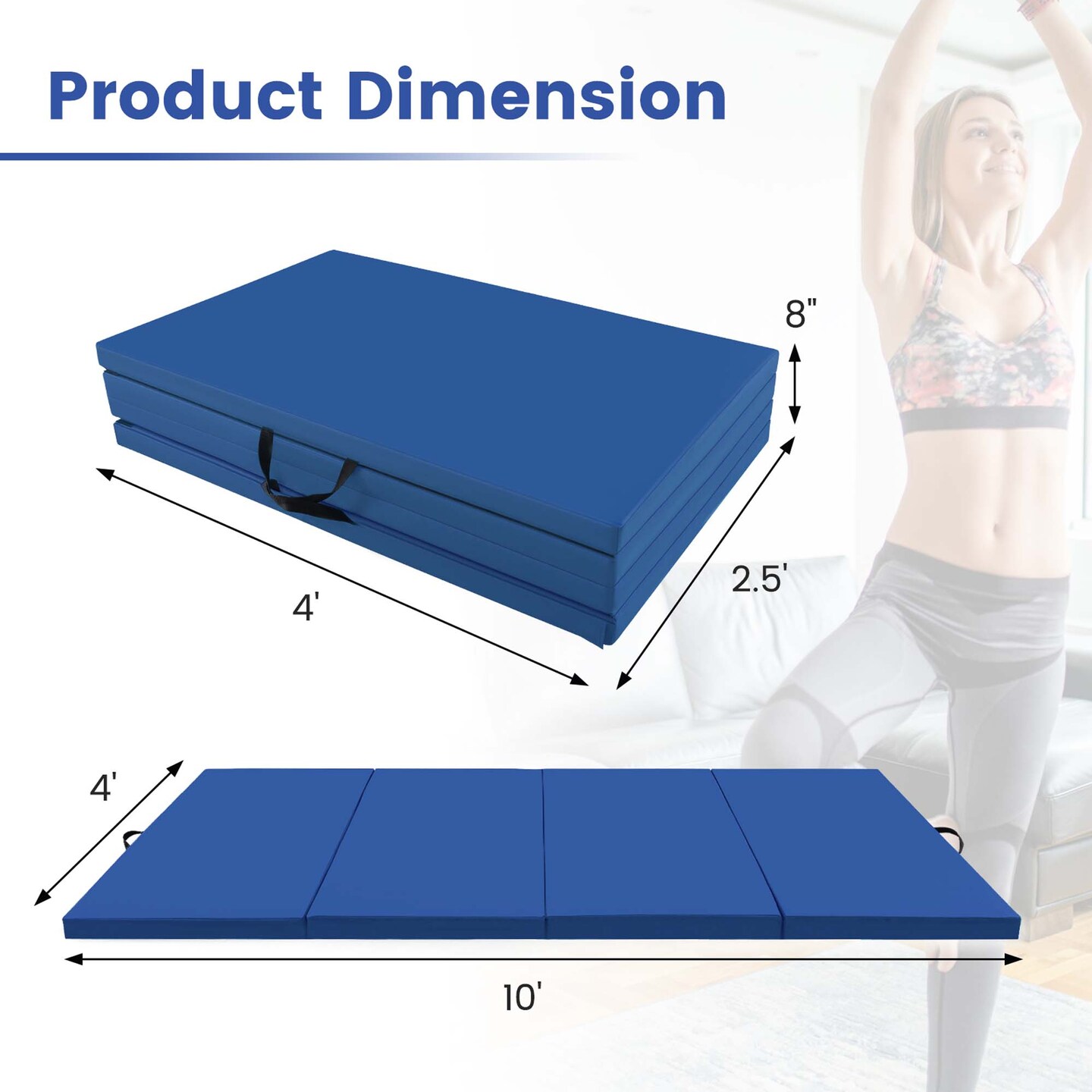 Costway 10&#x27; x 4&#x27; x 2&#x22; 4-Panel Folding Exercise Mat with Carrying Handles for Gym Yoga Black/Blue/Navy/Colorful/Pink&#x26;Blue/Pink/Light Pink/Navy