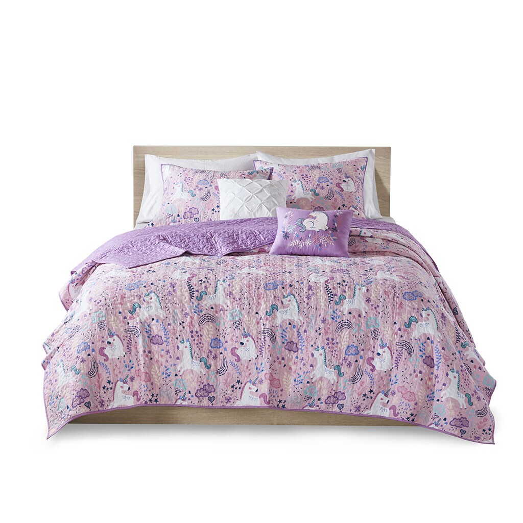 Gracie Mills   Glenda 4-Peice Unicorn Reversible Cotton Quilt Set with coordinating Throw Pillows - GRACE-9203