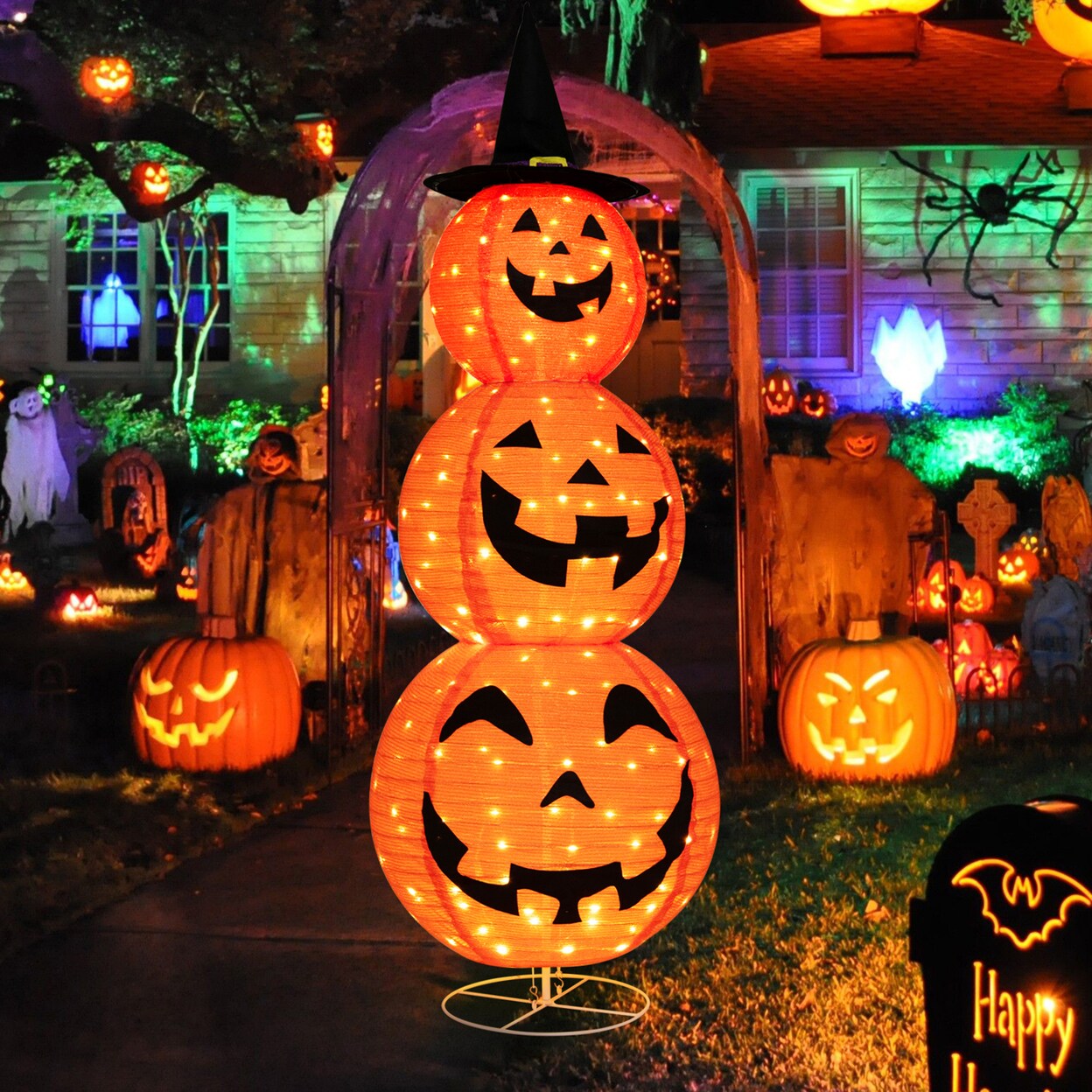Gymax 5FT Halloween Collapsible Pumpkin Decoration 3 Overlapped Pre Lit Lighted Pumpkins