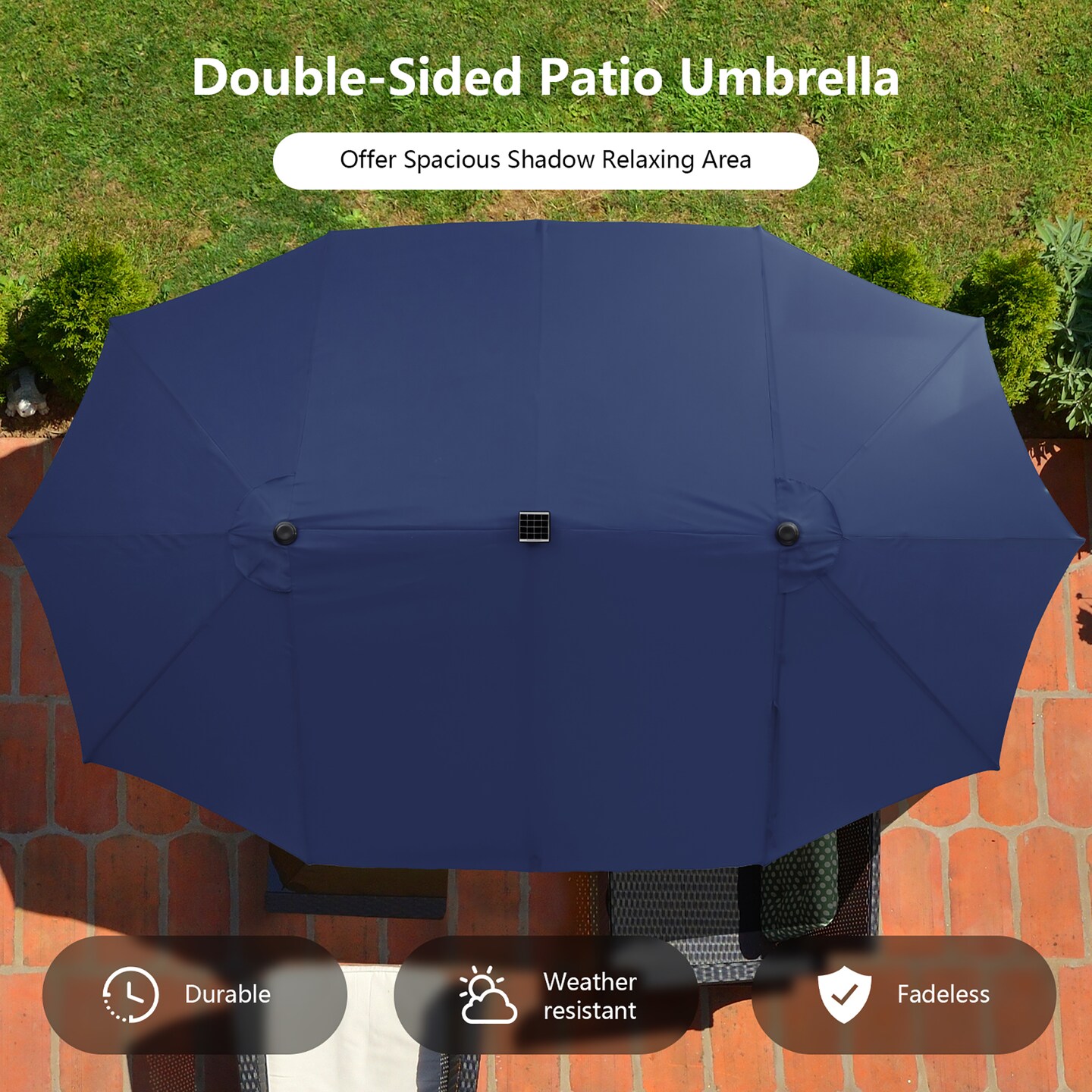 Costway 15FT Twin Patio Double-Sided Umbrella 48 Solar LED Lights Crank Outdoor Wine\Beige\Coffee\Orange\Turquoise
