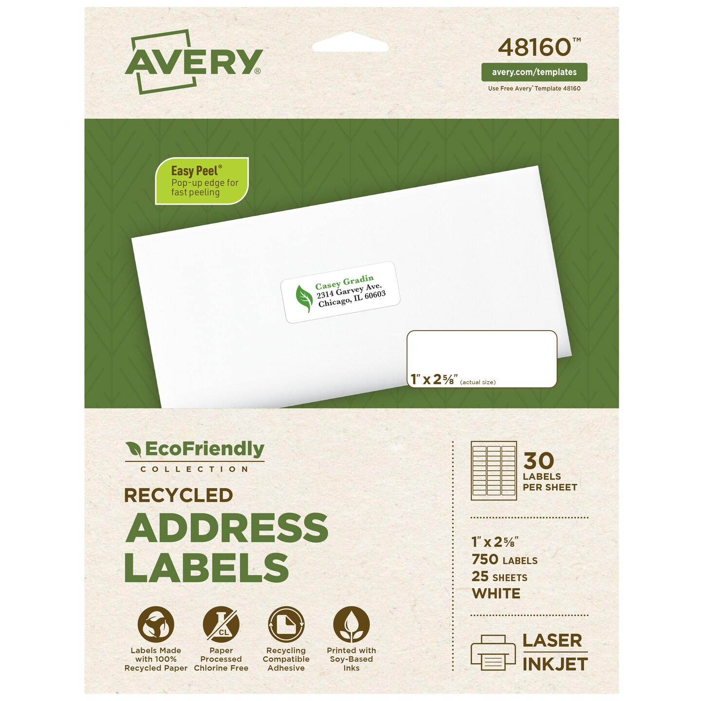 Avery EcoFriendly Recycled Address Labels, 1" x 2-5/8", White, Permanent Label Adhesive, 750 Printable Labels (48160)
