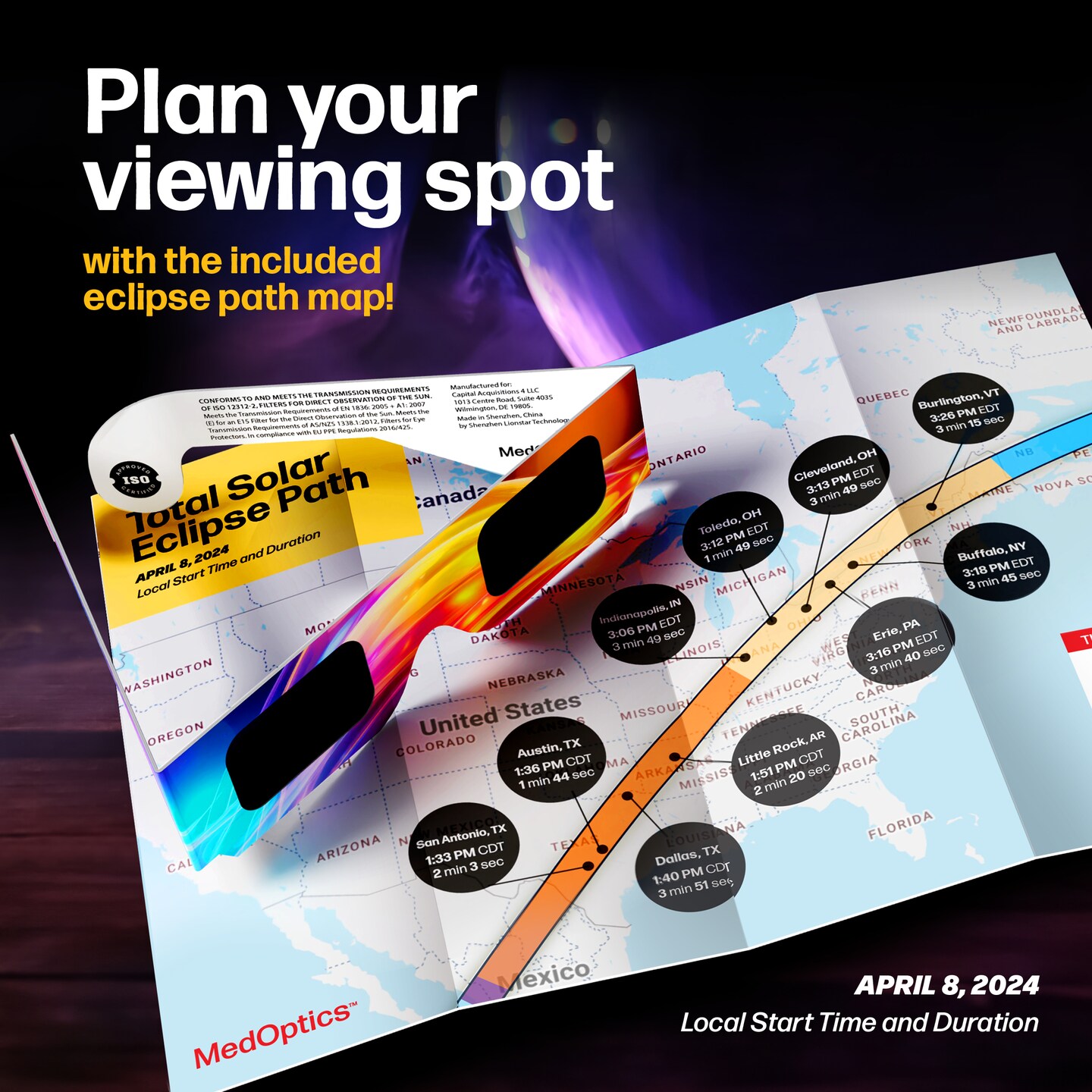 Solar Eclipse Glasses Approved 2024 (10 Pack) - AAS, ISO &#x26; CE Certified for All Ages - Lab Tested - Includes Eclipse Path Map - Clear Visibility, One Size Fits All, Non-Scratch Lens Viewing