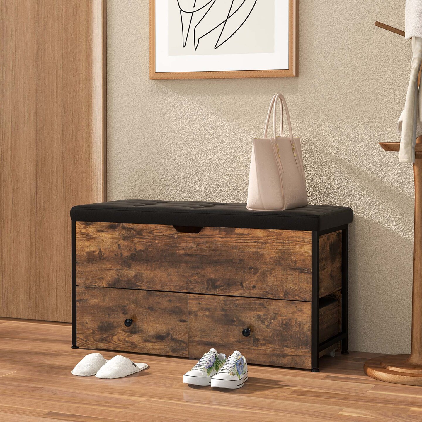 Costway Storage Ottoman Bench Flip Top Wooden Storage Chest with Cushion &#x26; 2 Drawers
