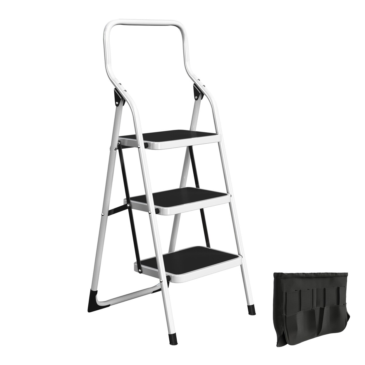 3-Step Folding Ladder Dolly Utility Cart White Steel Handrails 330Lbs