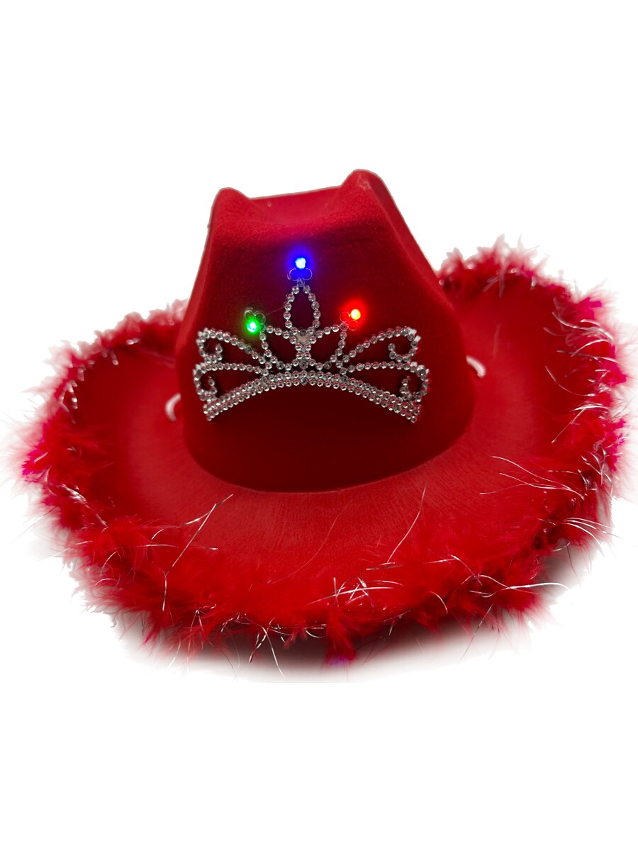 Adult's Red Cowboy Hat With Tiara With Light Up Tiara And Feather Trim