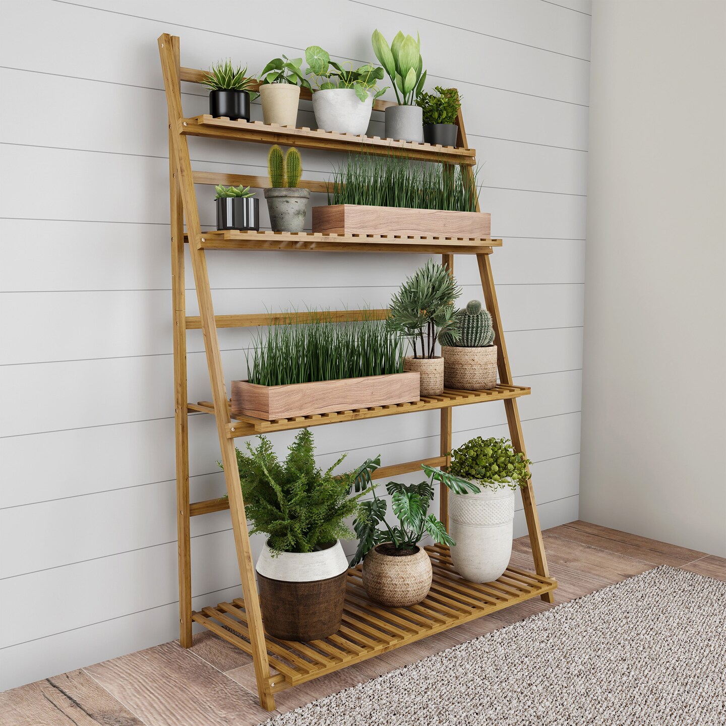 Pure Garden Ladder Plant Stand-4 Tier Freestanding Bamboo Storage Shelf-Foldable Indoor/Outdoor Rack for Flowerpots Planters Shoe