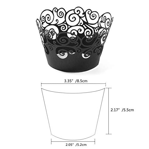 Cupcake Wrappers, KPOSIYA 50 Pack Cupcake Wraps Filigree Artistic Bake Cake Paper Cup Little Vine Laser Cut Liner Baking Cups Muffin Case Trays for Wedding Party Birthday Decoration (50, Black)