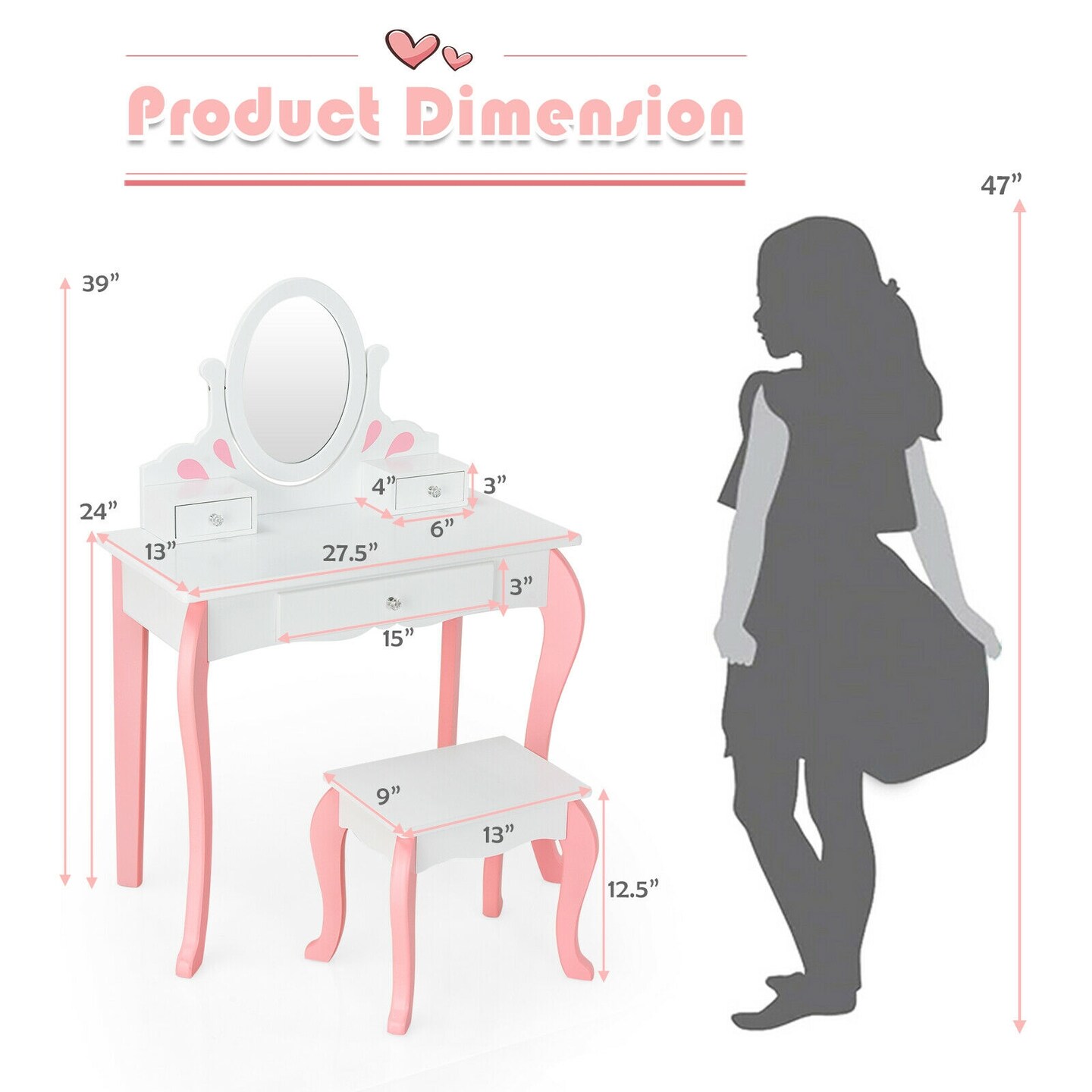 Kids Vanity Princess Makeup Dressing Table Stool Set with Mirror and Drawer