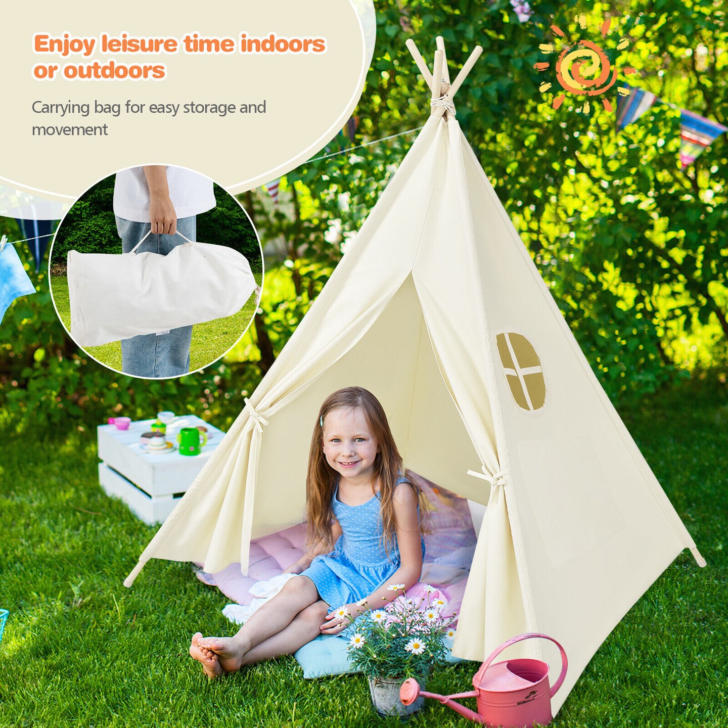 Beige Fold able Kids Canvas Teepee Play Tent with Wooden Support