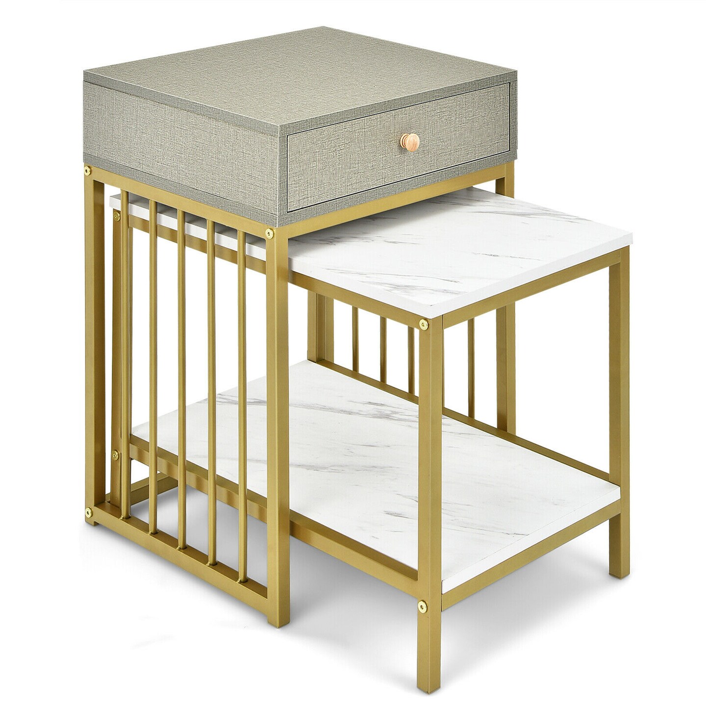 2 Piece Nesting Tables Side Table with Drawer 2 Tier Coffee Table White