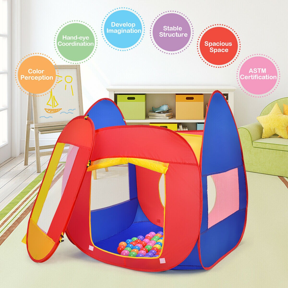 Multi-Color Ball Pit Tent for Kids Foldable Indoor-Outdoor Playhouse with 100 Balls