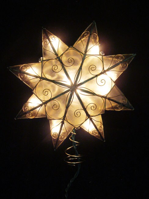 Kurt Adler 8&#x22; Lighted Capiz Shell 8-Point Gold Star Christmas Tree Topper - Clear Lights